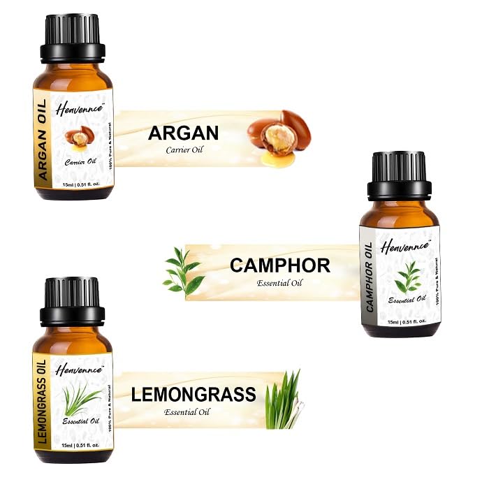 Heavennce Argan Oil, Camphor Oil & Lemongrass Oil Combo Set - Vitamin E Enriched Anti-Aging Skin & Hair Moisturizer - 3 Pack (45ml Each) - Perfect for Daily Skincare Routine, Hair Treatment & Aromatherapy