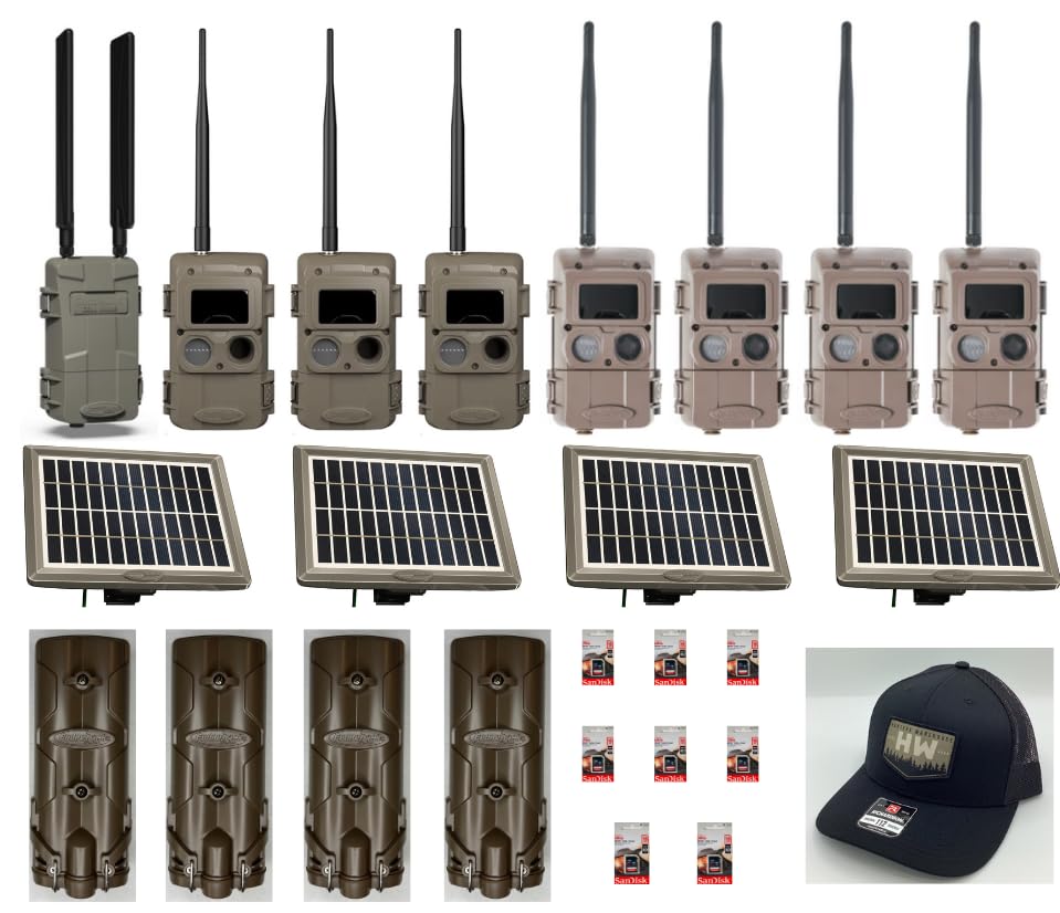 Cuddeback L Series Home Security Camera System - AT&T or Verizon 7 Remote Cameras with 4 Battery Power Banks (P21-001), 4 Solar Power Banks (PW-3600), 8 16GB SD Cards & 1 Hat - Ideal for Outdoor Wildlife Monitoring & Property Surveillance