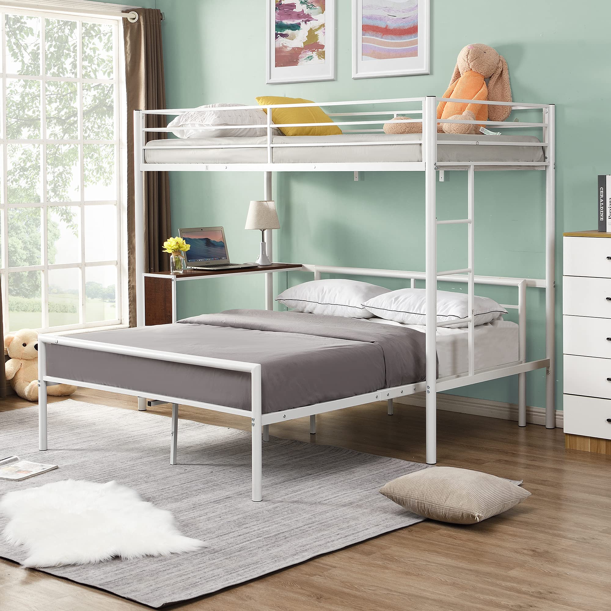 **Metal Twin Over Full Bunk Bed with Built-in Desk & Guardrail - Space-Saving Loft Bed with Flat Steps Ladder, White - Perfect for Kids' Rooms, Dorms & Small Apartments**