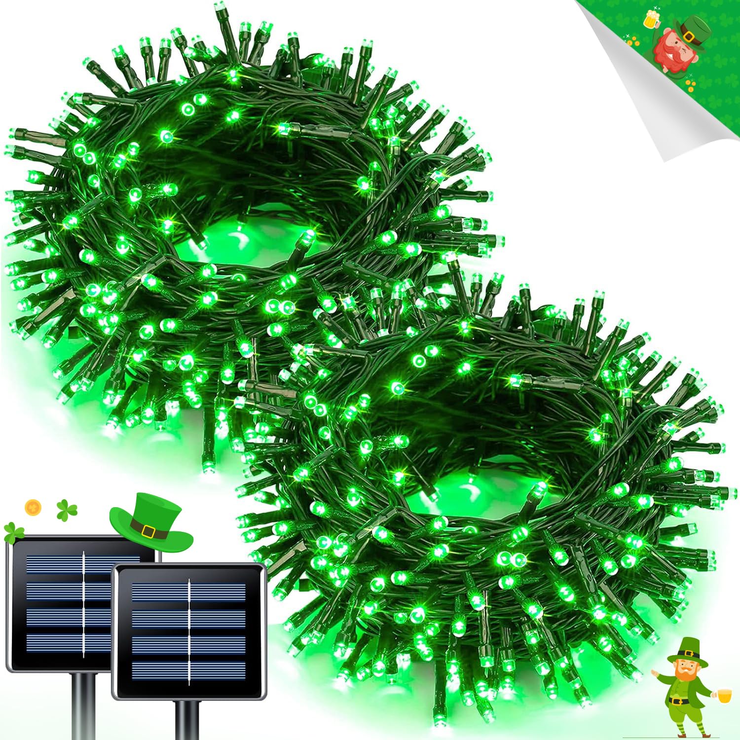 JMEXSUSS 100 LED Green Solar Lights for St. Patrick's Day Decorations - 2 Pack Waterproof Outdoor Garden Lights for Trees, Patio, Yard - Perfect for Holiday Parties, Irish-Themed Events & Nighttime Ambiance