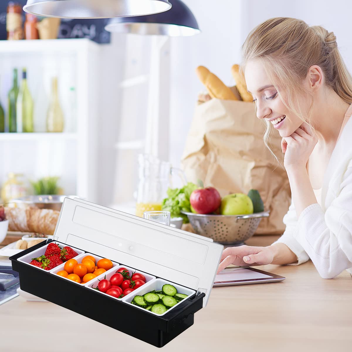 4-Compartment Ice Cooled Condiment Serving Container - Chilled Garnish Tray with Hinged Lid | Perfect for Bars, BBQs, Parties & Outdoor Dining