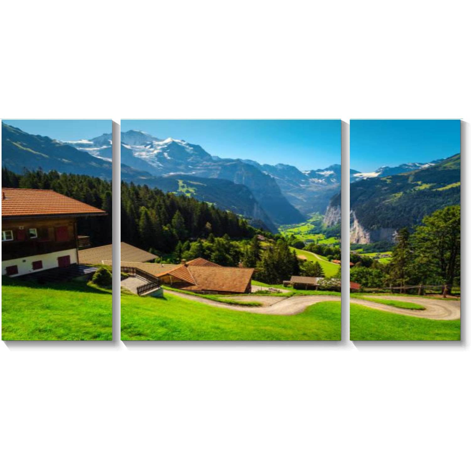 Alpine Wooden Houses on The Hill - Switzerland Landscape Canvas Wall Art - 3 Panel Framed Print Painting for Living Room & Bedroom Decor - Ready to Hang - Perfect for Home, Office & Cabin Decor