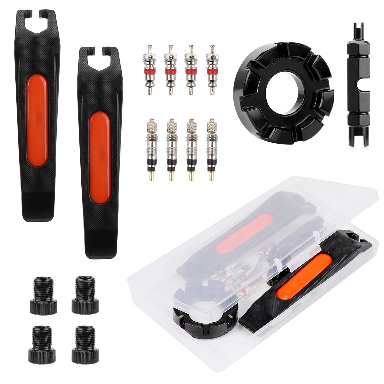 Oumers 16-Piece Bike Valve Core & Spoke Tool Kit - Includes Bicycle Spoke Wrench, Valve Core Wrench, Presta/Schrader Valve Cores & Caps, Valve Adapter & Tire Levers - Perfect for Bicycle Maintenance & Roadside Repairs