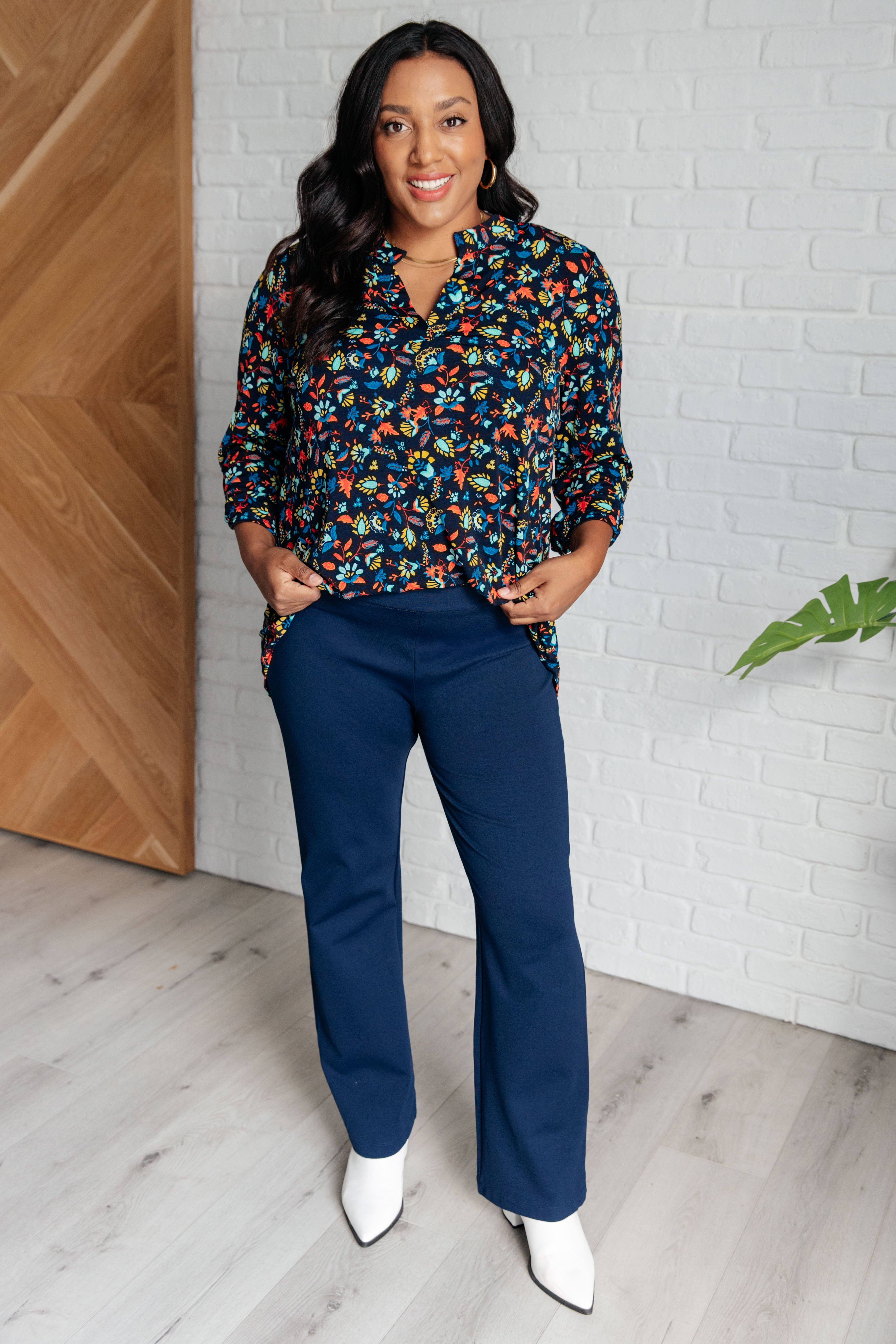 Lizzy Women's Floral Print Top in Navy & Teal - Casual Short Sleeve Blouse for Summer Outfits, Date Night & Office Wear