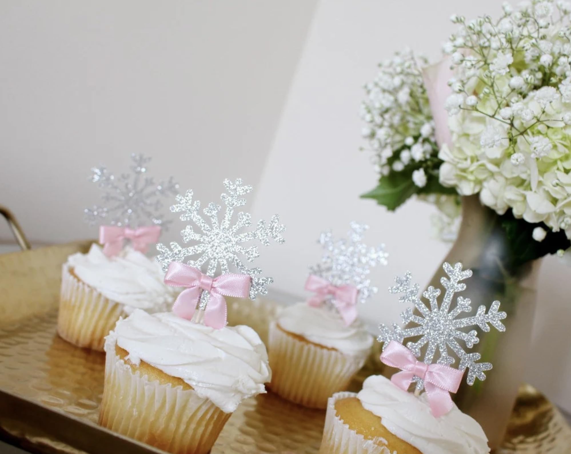 Snowflake Cupcake Toppers with Satin Ribbon Bow – Frozen Winter Wonderland Christmas Cupcake Decorations – Set of 12 for Cupcakes, Donuts & Cakes (Pink Bow) – Perfect for Birthday Parties, Baby Showers & Holiday Celebrations