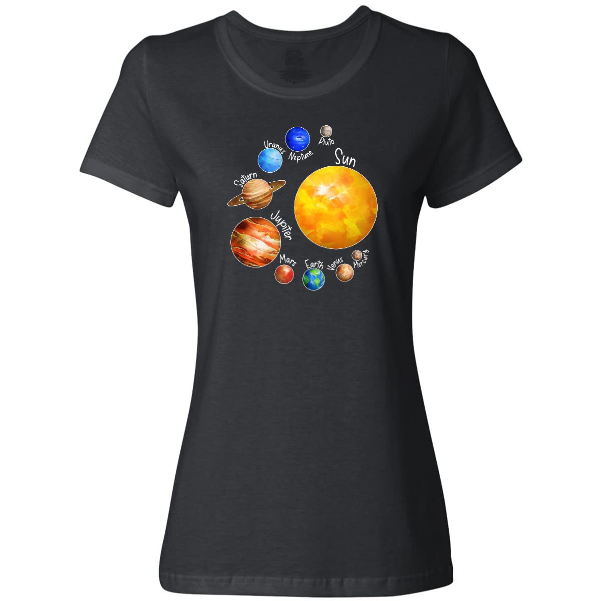 Inktastic Sun and Planets - Yes, and Pluto Women's T-Shirt | Space Lover Graphic Tee | Astronomy Gift for Women | Casual Wear & Sci-Fi Cosplay