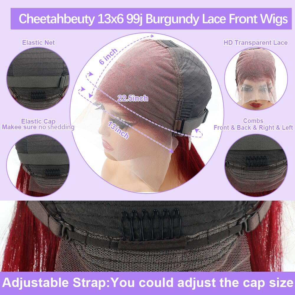 CHEETAHBEAUTY 99j Burgundy 28Inch Lace Front Wig - 13x6 Brazilian Virgin Straight Human Hair Wig for Women (220% Density, Pre-Plucked with Baby Hair) | Perfect for Cosplay, Daily Wear & Special Occasions