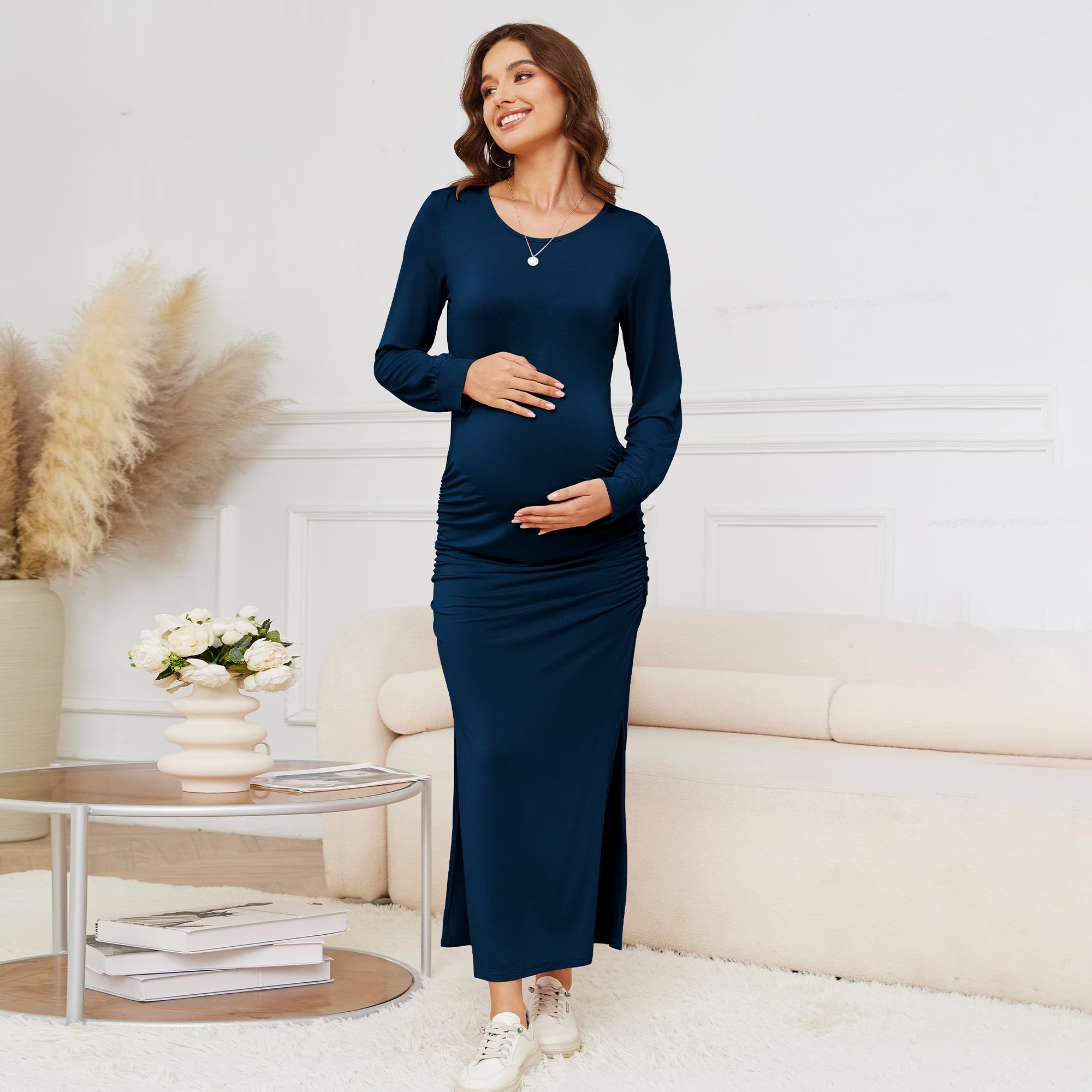 2025 Spring Women's Maternity Bodycon Maxi Dress - Long Sleeve Split Pregnancy Dress for Baby Shower & Nursing | Comfortable Stretchy Baby Shower Outfit, Maternity Photoshoot & Special Occasion Wear