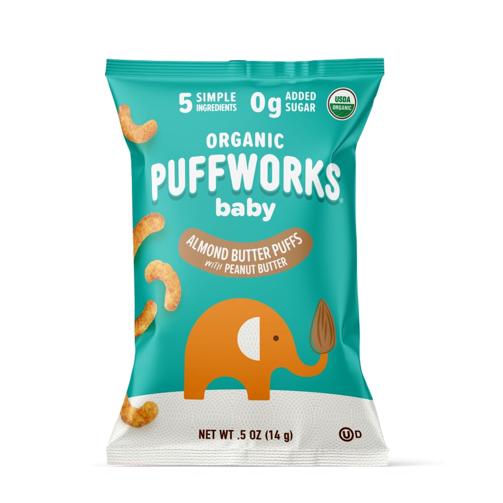 Organic Almond Butter Puffs for Babies with Peanut Butter - Plant-Based Protein Snack, USDA Organic, Gluten-Free, Vegan, Non-GMO, Kosher - 0.5oz (12 Pack) - Perfect for On-the-Go Snacking & Toddler Lunchboxes
