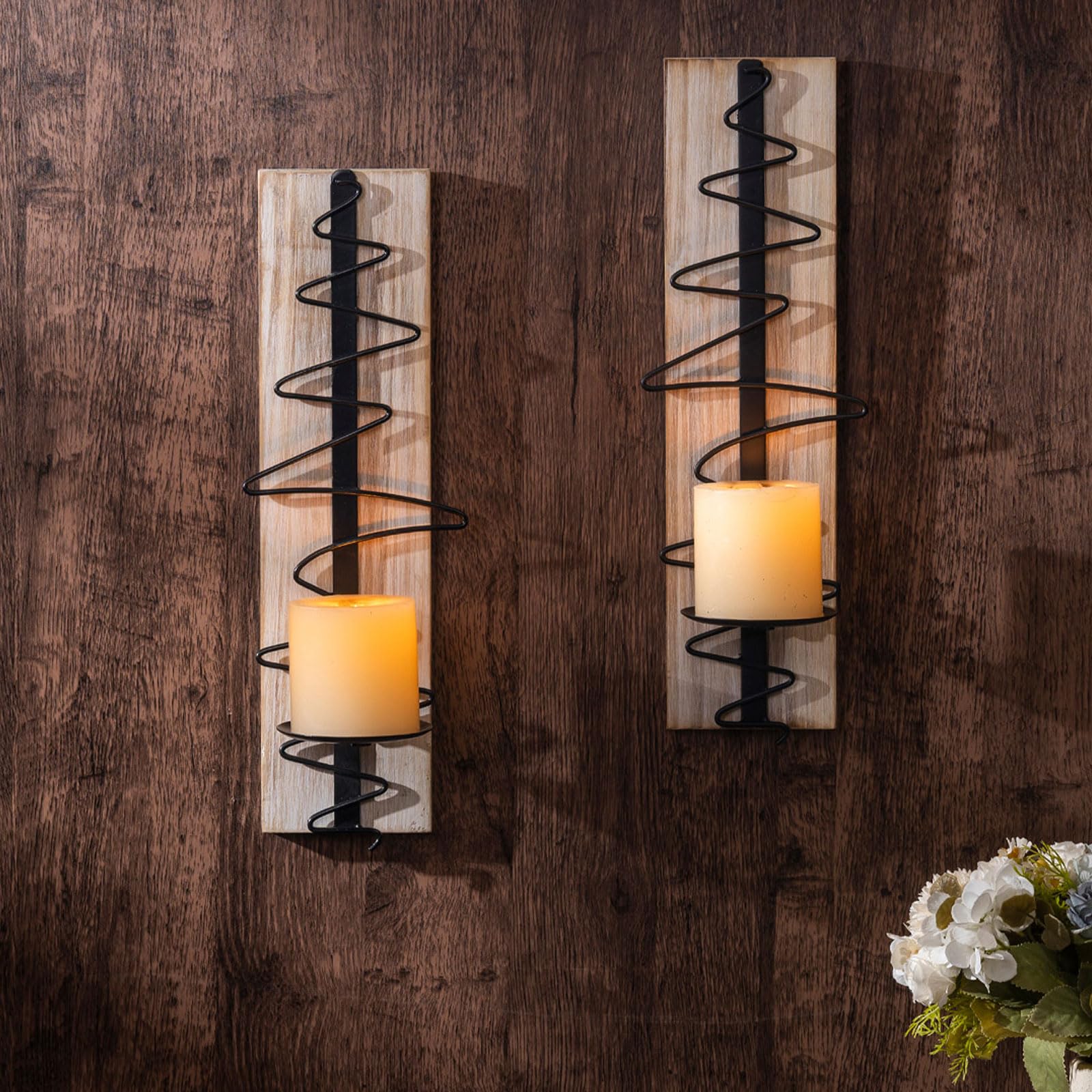 Rustic Wood Wall Candle Sconce Set of 2 - Farmhouse Wall Mounted Candle Holders for Living Room, Bathroom & Dining Room Decor - Perfect for Cozy Home Ambiance & Romantic Dinner Lighting