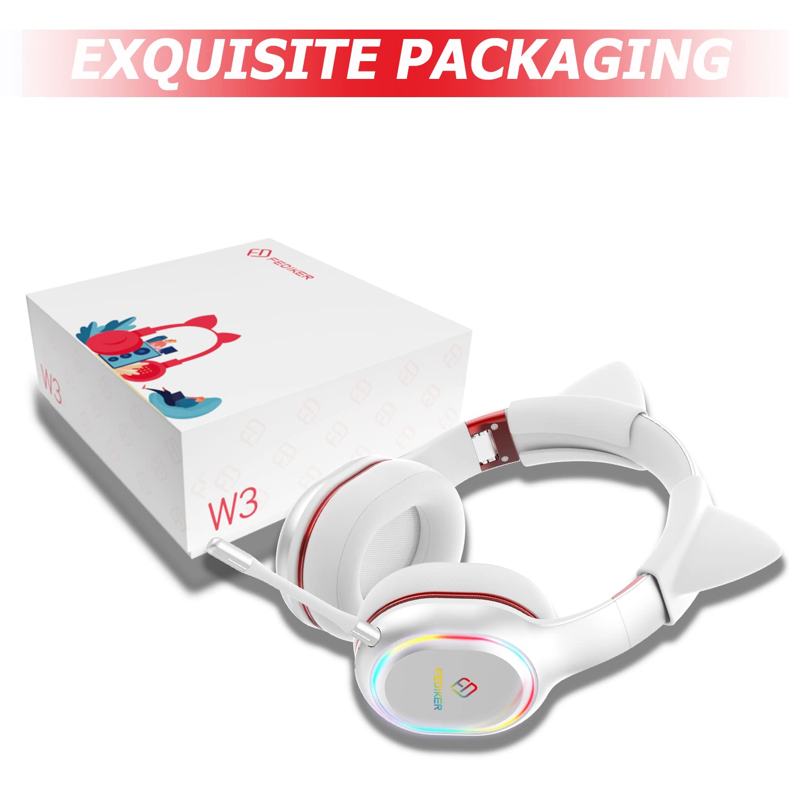 Wireless Gaming Headset with Detachable Mic for PS5, PS4, PC - Low Latency Bluetooth, USB Dongle, RGB Lights, Mute Function & Immersive 4D Sound | Cute White Cat Ear Headphones for Girls - Perfect for Gaming, Streaming, Online Classes & Virtual Meetings