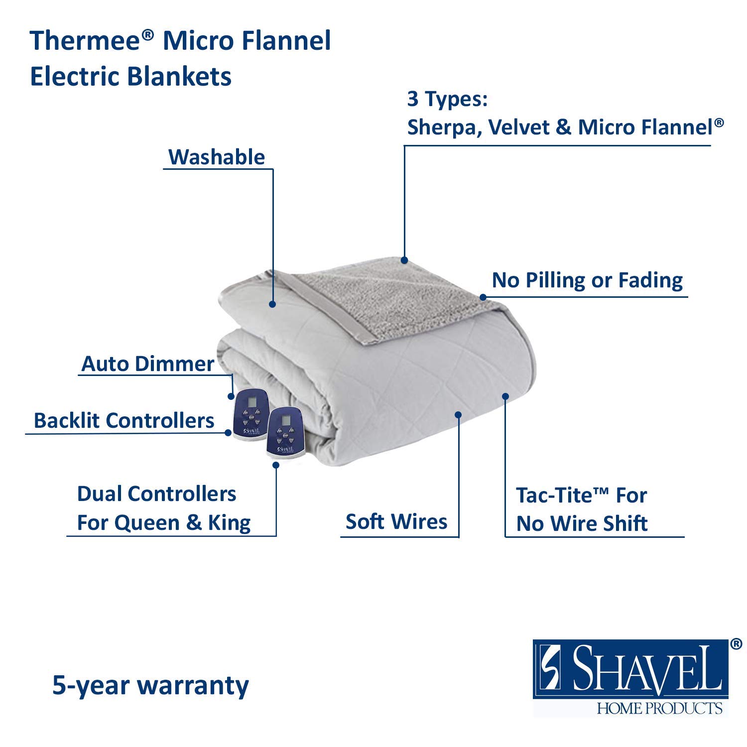 Premium Thermee Micro Flannel Heated Blanket Queen Size - 10 Adjustable Heat Settings, Programmable Electric Warming Blanket, Ultra-Soft & Fast Heating Throw for Cold Nights - Perfect for Bed, Sofa & Winter Relaxation - Ultramarine Blue