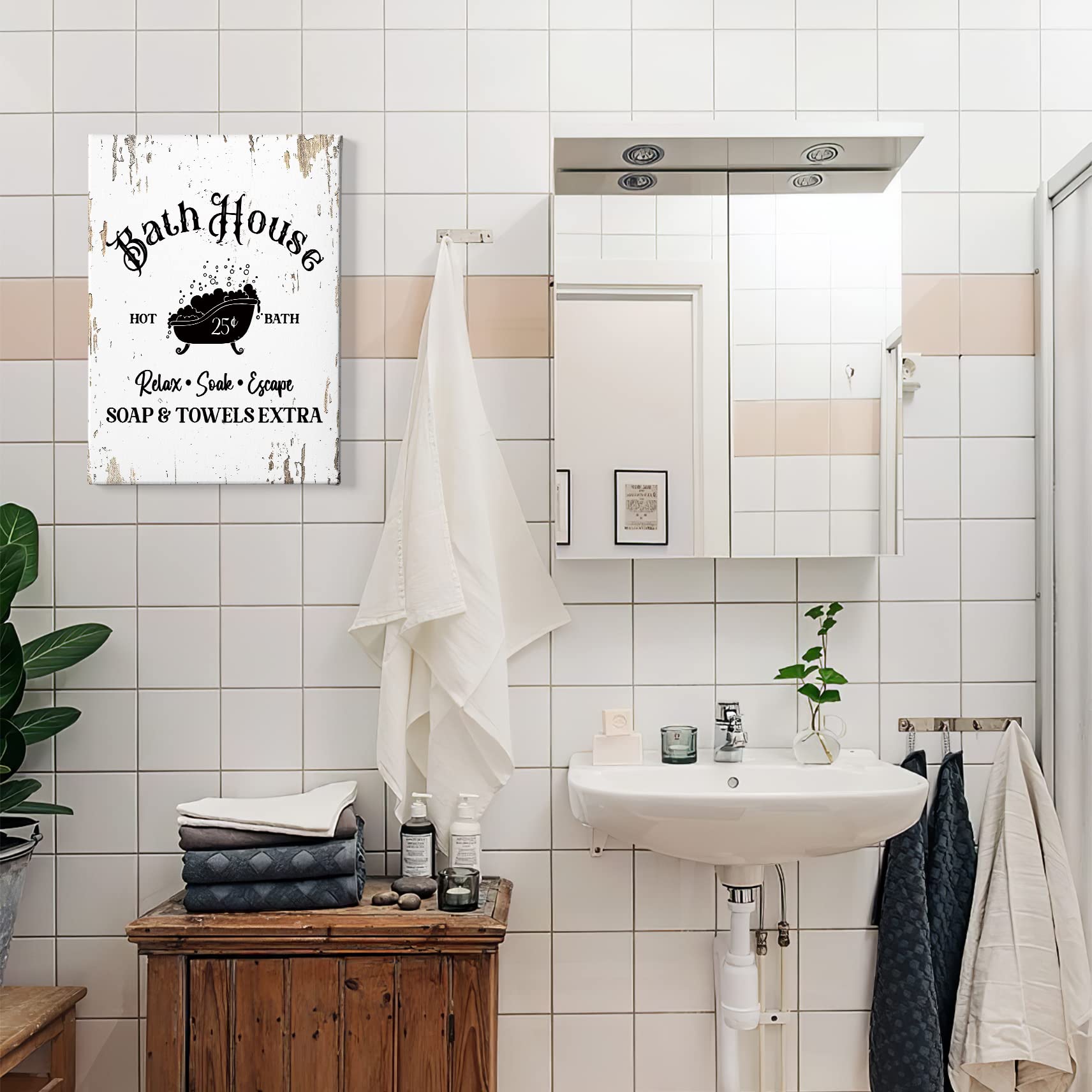 HIWX Framed Canvas Bathroom Wall Art - 11x14 Inch Relaxing Soak & Escape Painting for Bath House, Living Room, Bedroom Decor | Perfect Spa Retreat & Home Decoration Gift