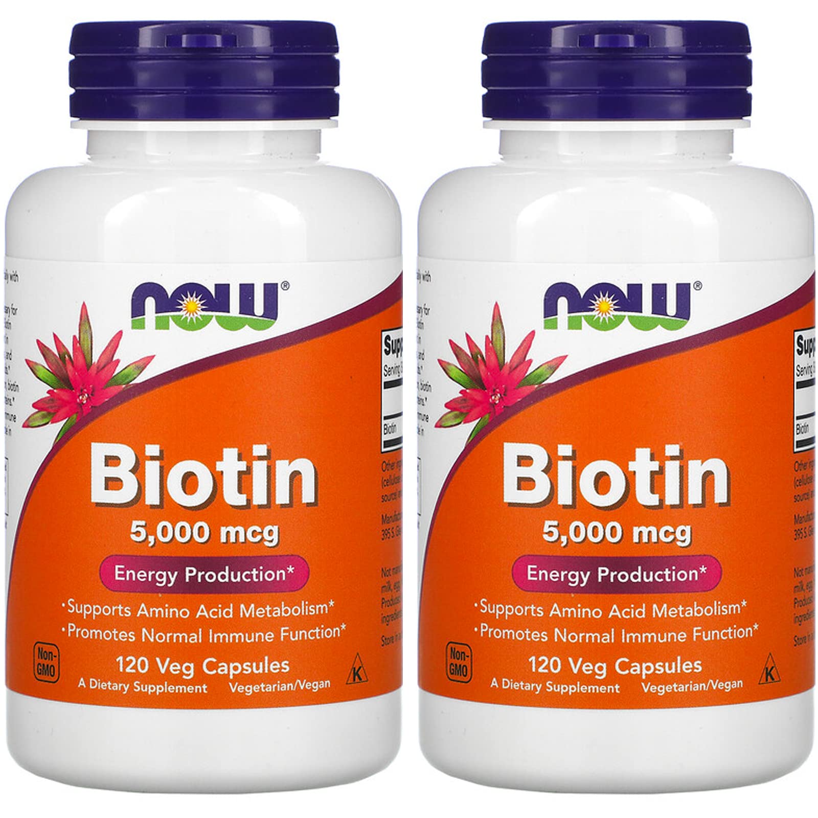 NOW Biotin 5000mcg Extra Strength Hair Skin & Nails Supplement - 120 Vegetarian Capsules (2 Bottles) for Faster Hair Growth & Stronger Nails - Perfect for Daily Wellness Routine & Beauty Regimen