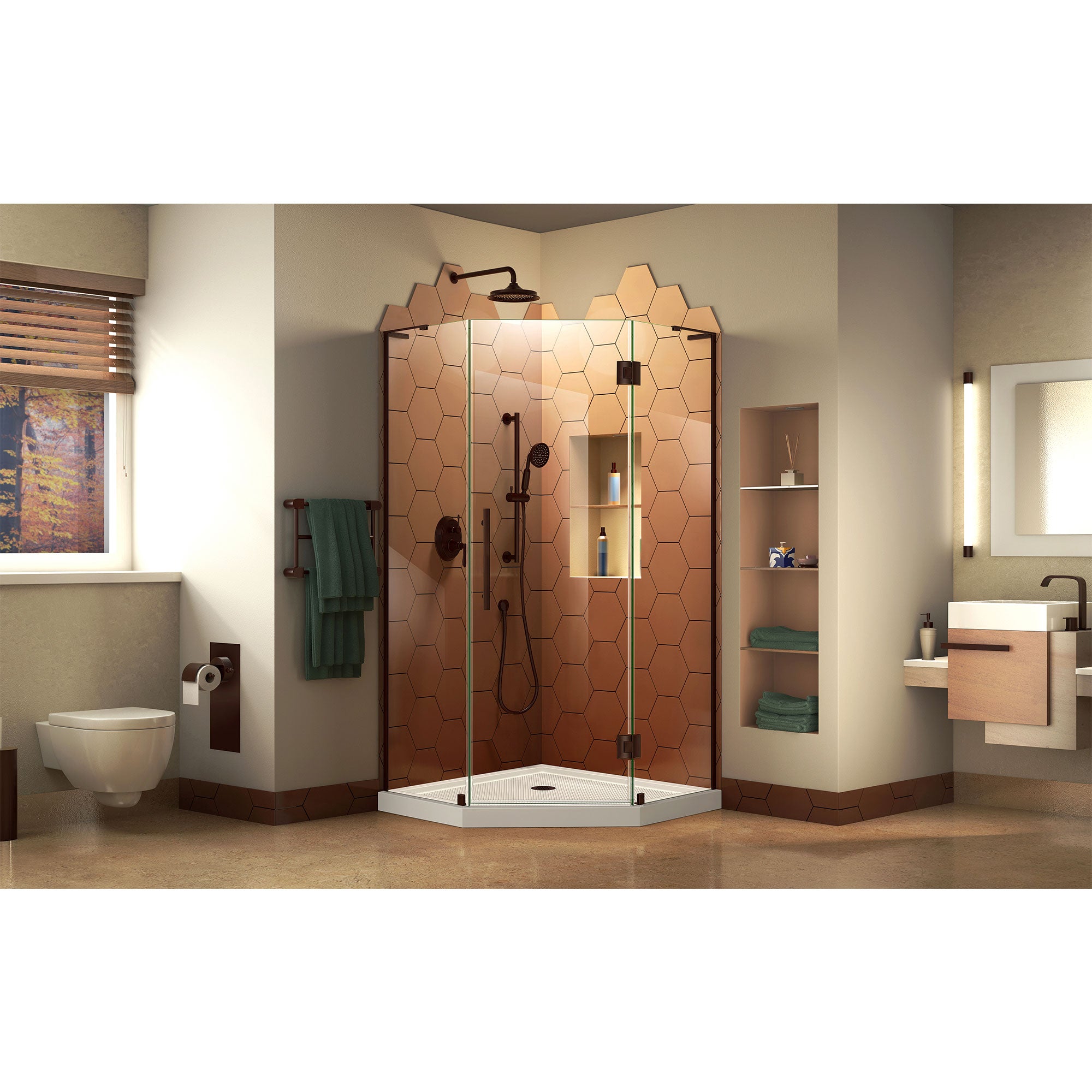 DreamLine Prism Plus 40x74.75 Inch Frameless Neo-Angle Shower Enclosure - Chrome Finish with Biscuit Base | Perfect for Modern Bathroom Renovations & Space-Saving Design