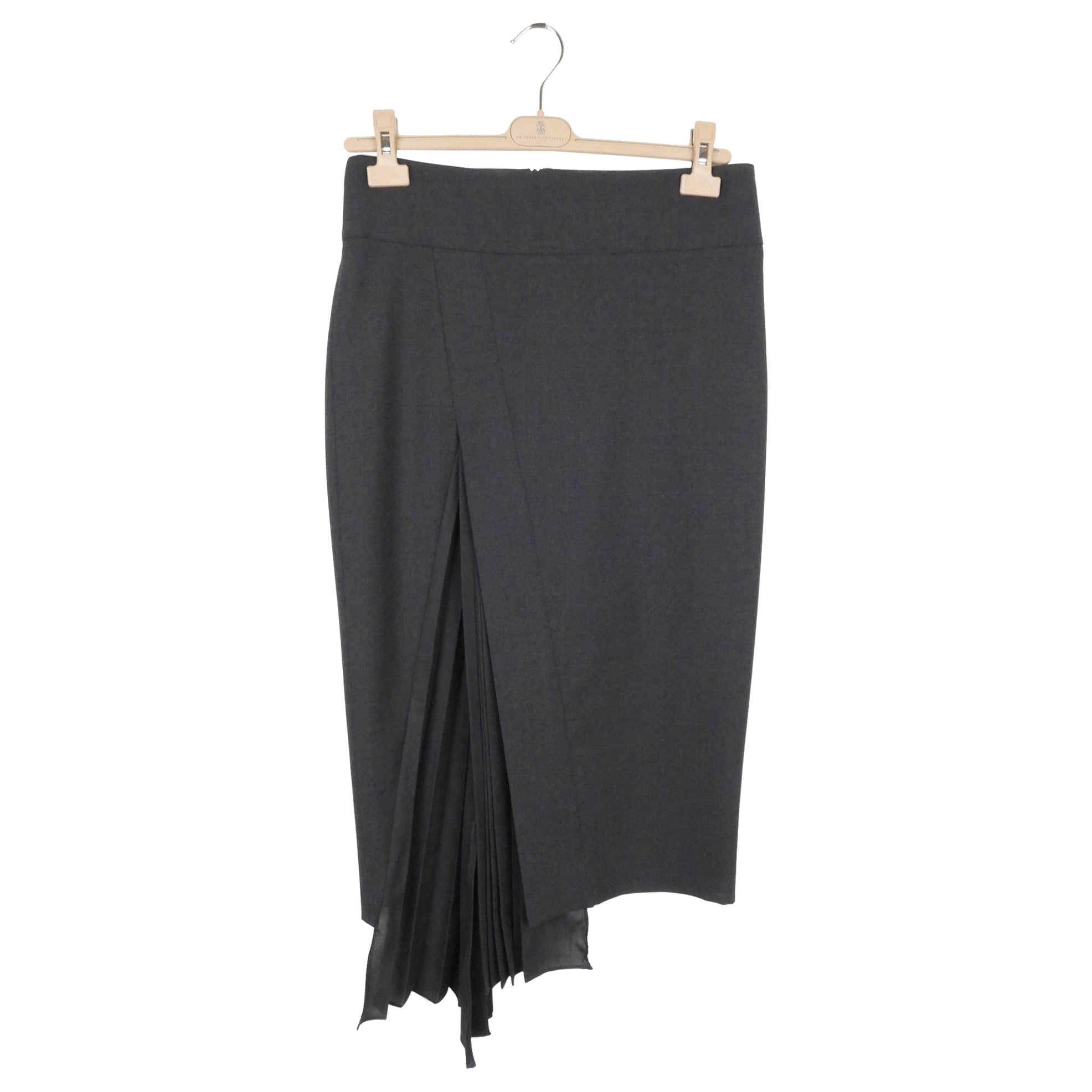 Brunello Cucinelli Grey Wool Asymmetrical Pleated Slit Midi Skirt Size 42 | Women's Luxury Wool Skirt for Office, Party & Fall Winter Fashion
