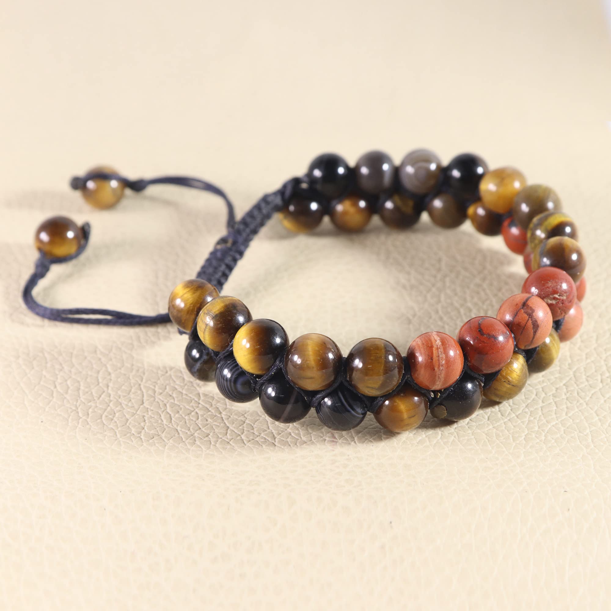 Natural Botswana Agate Macrame Bracelet with Tiger Eye & Red Jasper - 8X8mm Handmade Gemstone Bracelet for Women, Daily Wear Jewelry Gift for Mom - Perfect for Meditation, Yoga & Spiritual Healing