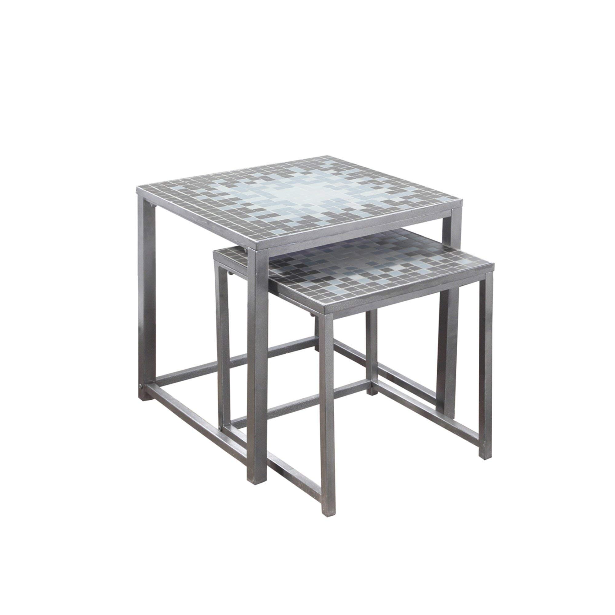 Monarch Specialties 3141 Nesting Table Set of 2 - Modern Side End Accent Tables for Living Room & Bedroom - Metal Tile Top in Blue & Grey - 20