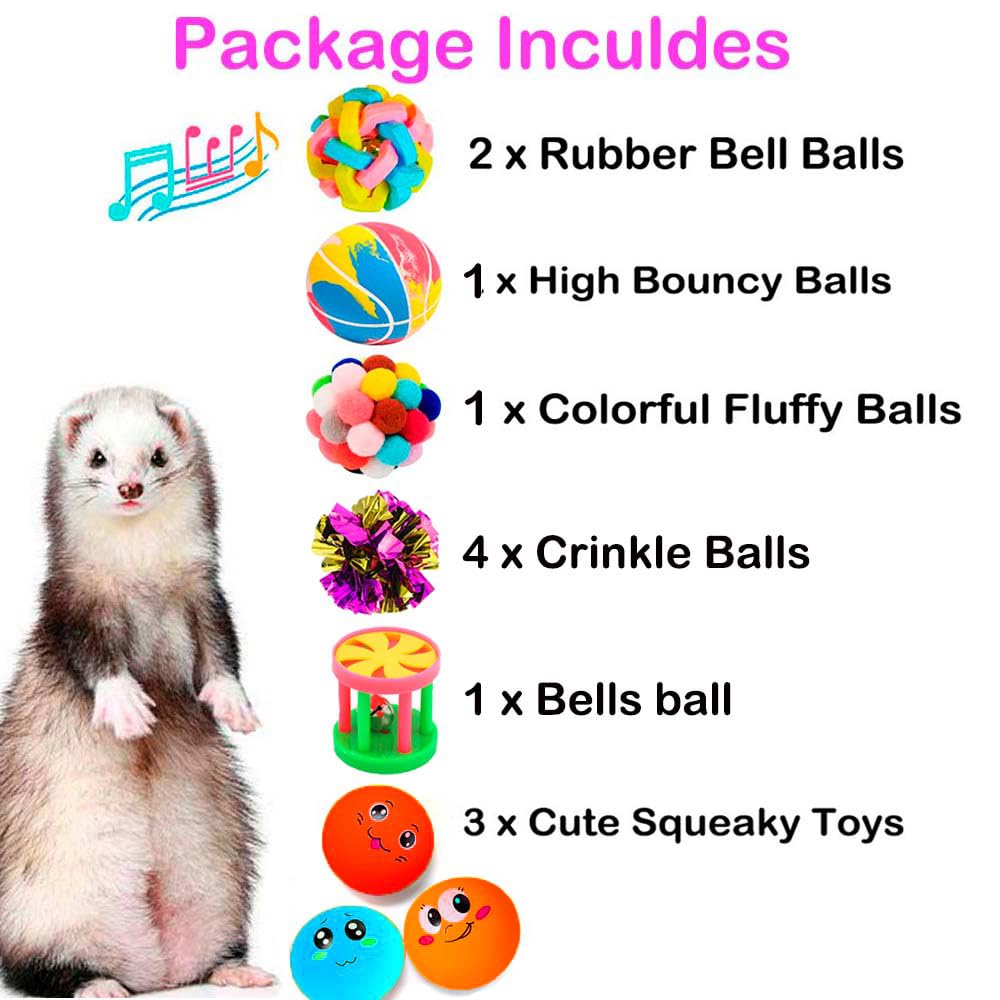12 Pack Ferret Squeaky Chew Toys - Colorful Bouncy Rubber Balls with Bell & Mylar Crinkle Sounds - Interactive Pet Toys for Ferrets, Cats & Dogs - Perfect for Teething, Exercise & Playtime Fun