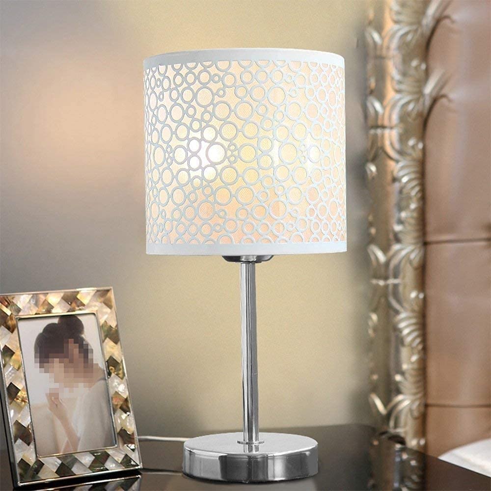 Modern White Fabric Shade Table Lamp with Wrought Iron Base - E27 Edison Bulb Compatible for Bedroom, Living Room, Study & Reading | Hotel Style Nightstand Lamp, Desk Lighting for Home Office Decor