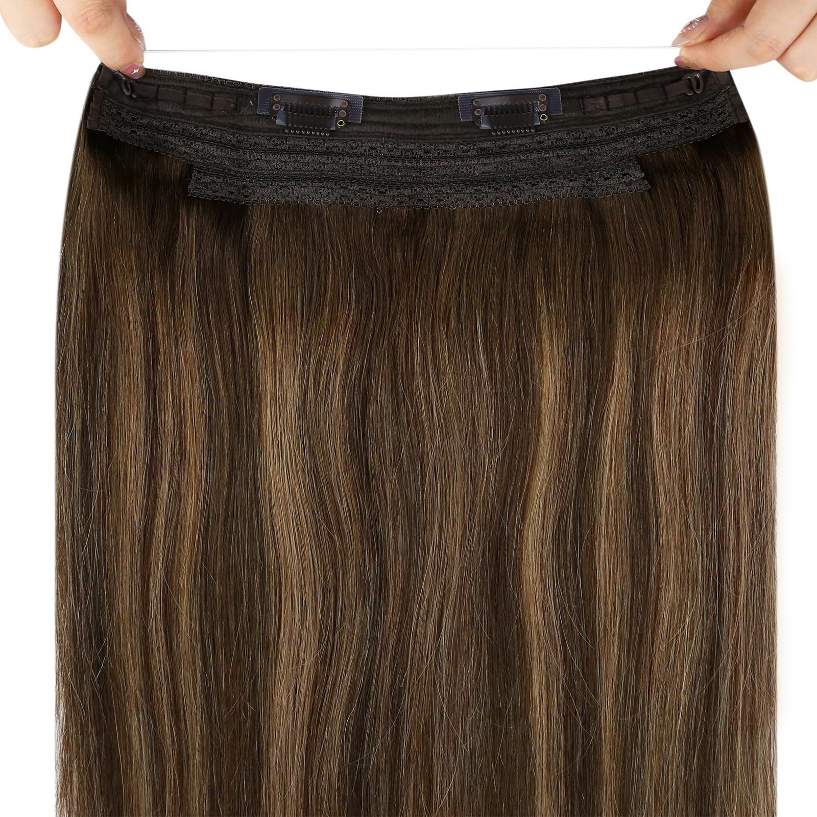 Sunny Wire Hair Extensions 20 Inch - Real Human Hair, Fish Line, Invisible Wire Extensions in Dark Brown to Caramel Blonde with Dark Brown Highlights (#4/27/4) - Perfect for Parties, Weddings & Everyday Styling