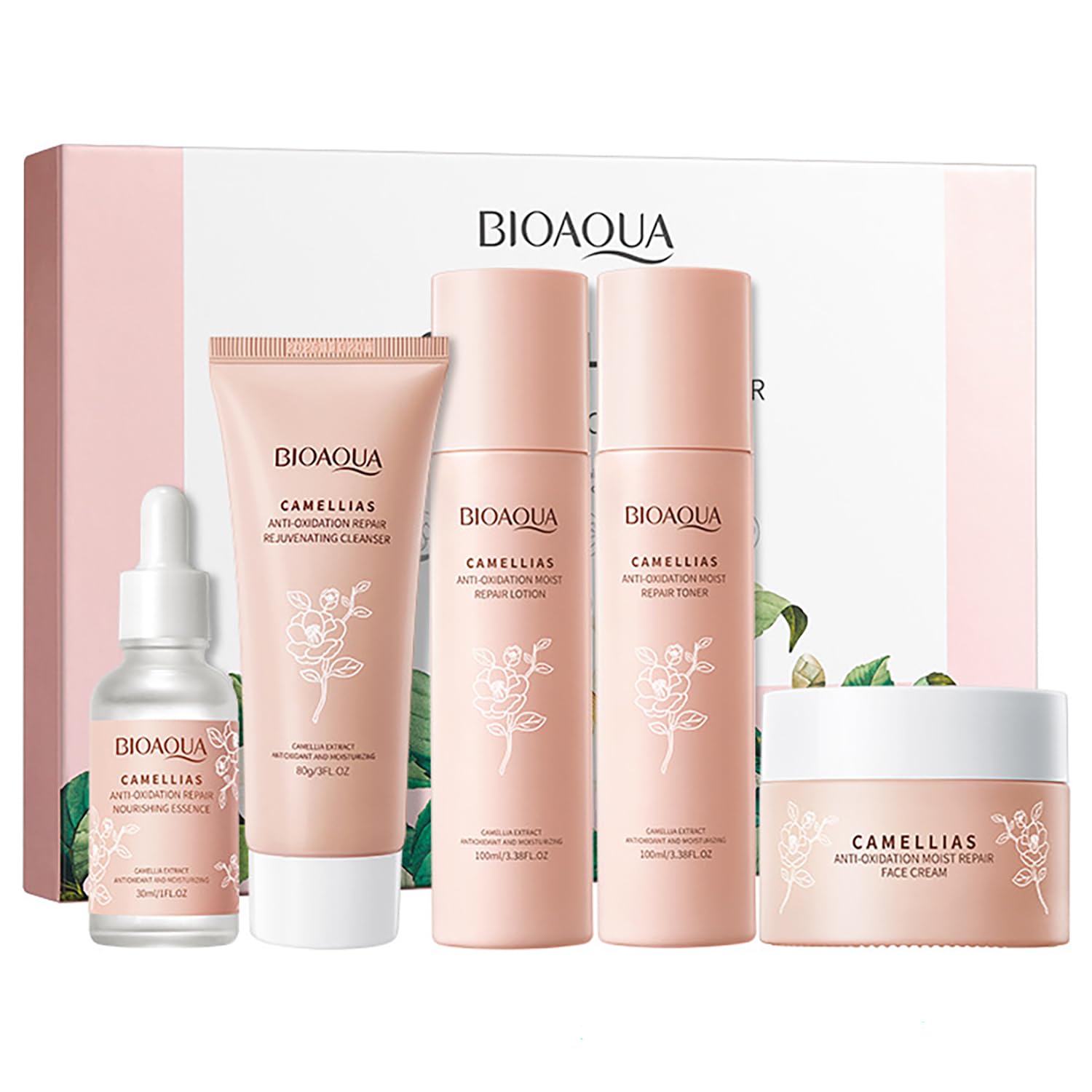BIOAQUA Camellia Anti-Aging Moisturizing Skincare Set - Toner, Essence, Face Cream, Cleanser & Lotion with Camellia Flower Extract - Hydrating & Nourishing Gift Box (100ml+30ml+50g+80g+100ml, 5-Piece Set) for Dry, Sensitive & Dull Skin - Perfect for Daily Skincare Routine & Travel Essentials