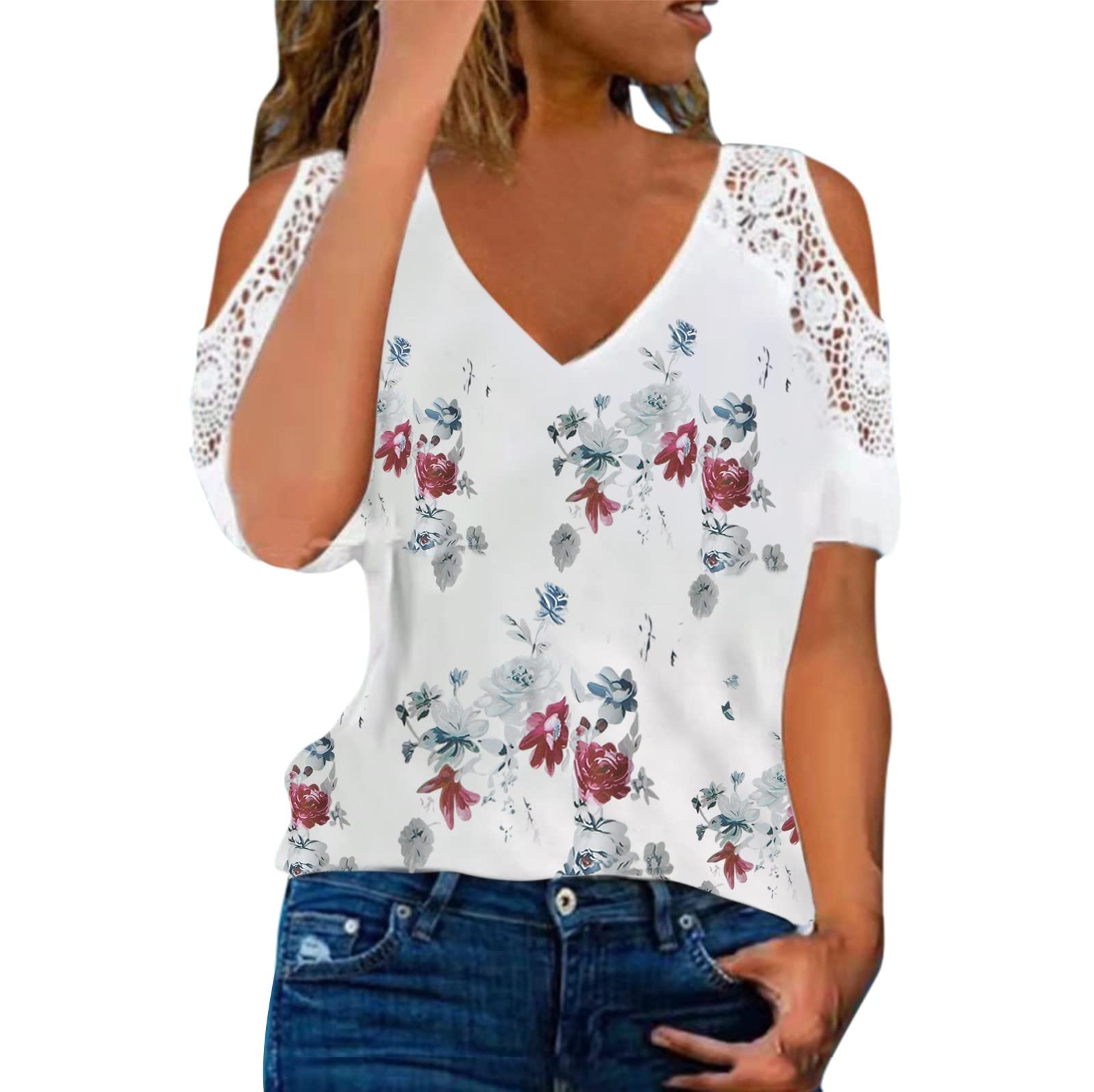Women's Summer Cold Shoulder Floral Print V-Neck T-Shirt - Casual Oversized Hollowed Out Sleeve Top for Beach, Party & Everyday Wear