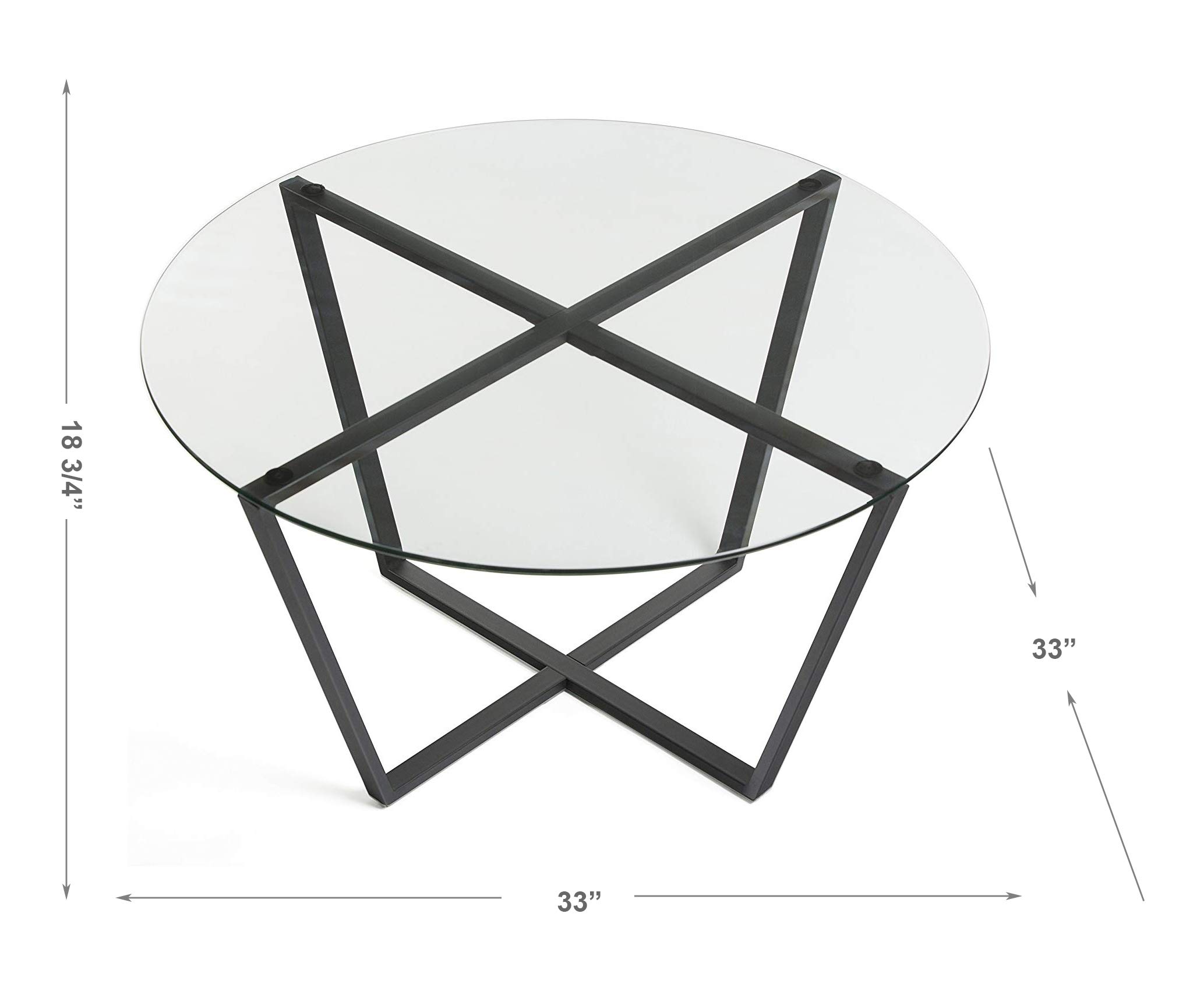 Modern Mango Wood Round Glass Coffee Table with Steam Bent Legs - Clear Tempered Glass Top & Black Metal Base for Living Room, Dining Room, Office - Perfect for Small Spaces, Lounge Areas & Contemporary Home Decor