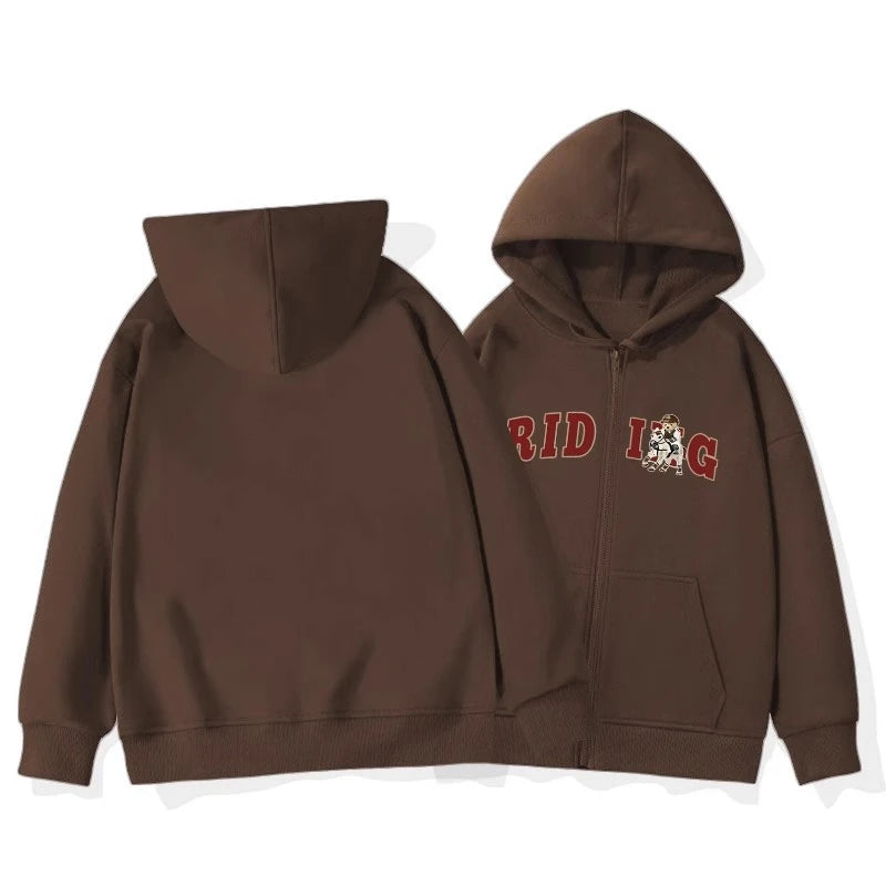 Women's Basic Hooded Zip-Up Hoodie - Winter Casual Pullover with Drawstring & Letter Print - Cozy Solid Color Fashion for Everyday Wear, Gym, and Outdoor Activities