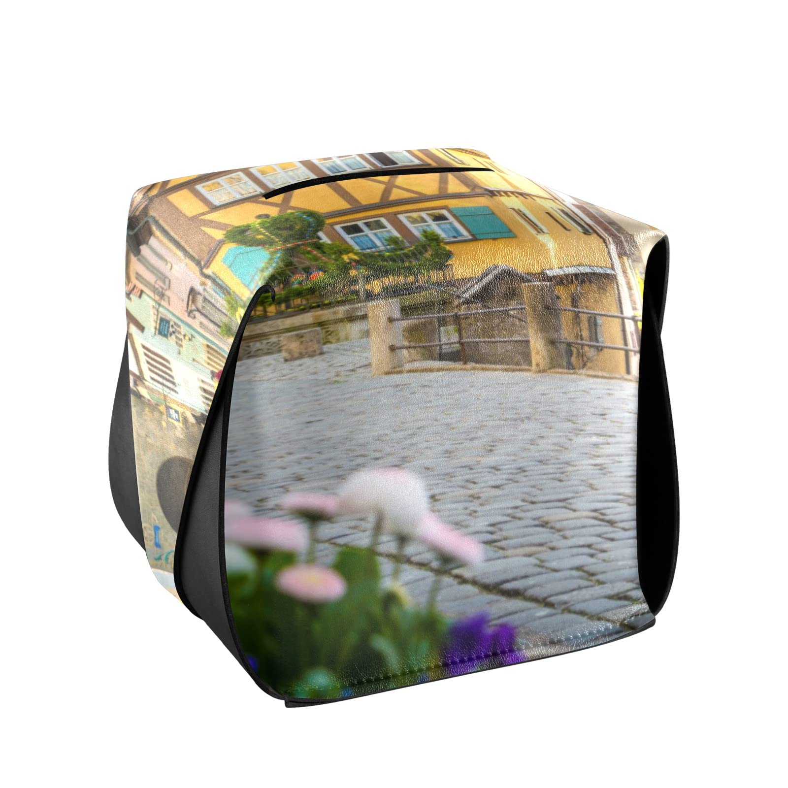 Medieval Town Floral PU Leather Tissue Box Cover - Rectangular Spring Tissue Holder with Handle for Office Desk & Car | Home Decor & Gift Idea
