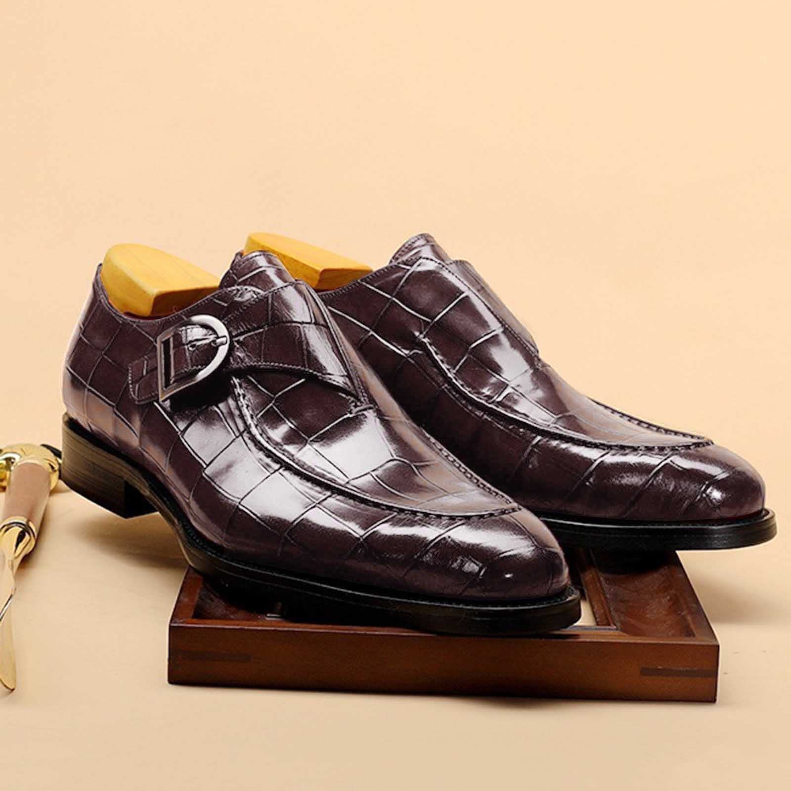 IQYU Men's Fashion Classic British Retro Pointed Shoes - Red & Black Buckle Business Casual Dress Shoes for Wide Feet | Office Wear, Formal Events & Special Occasions