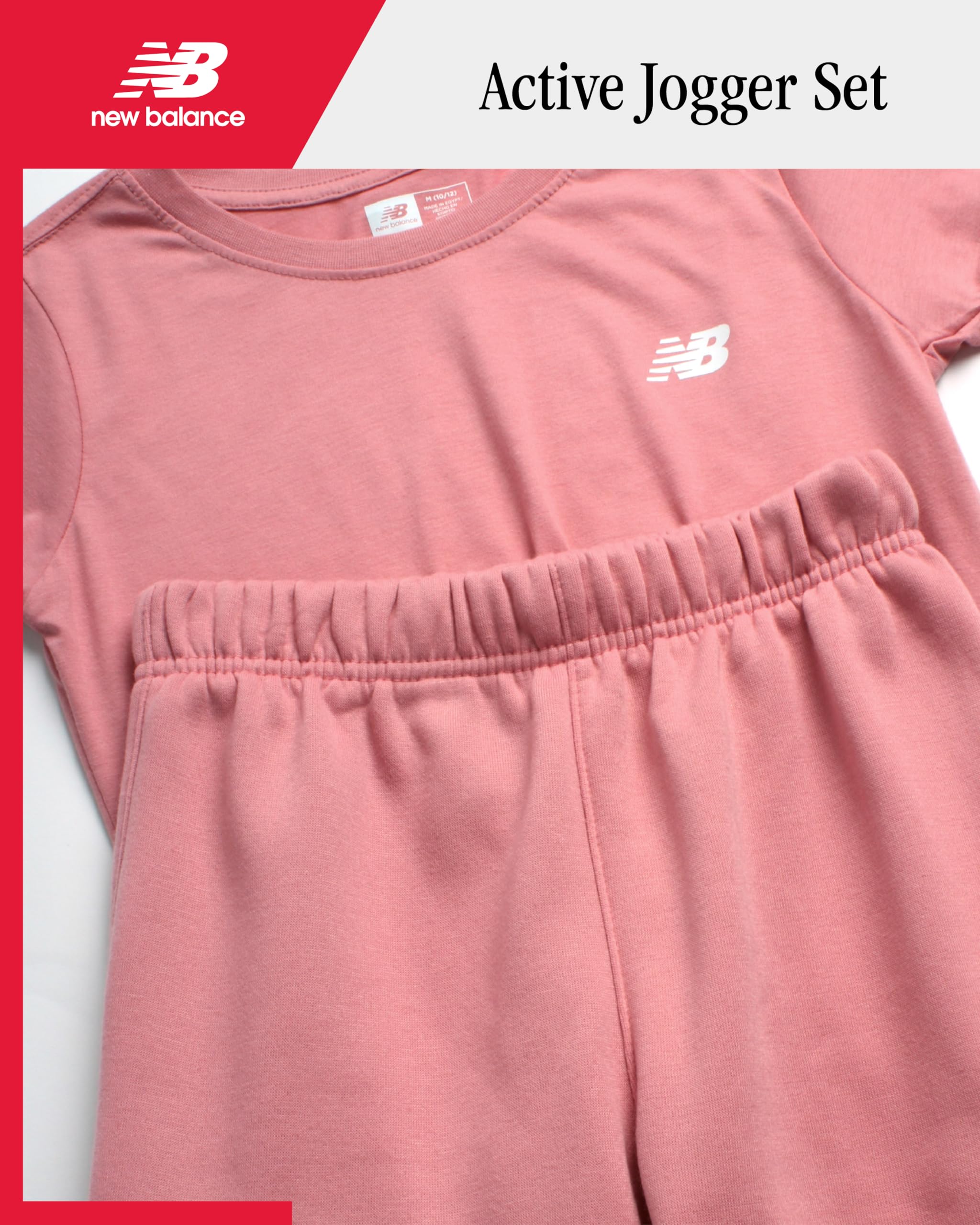 New Balance Girls' Jogger Set - Short Sleeve Performance T-Shirt & Sweatpants Outfit (Size 7-16) | Athletic Wear for Running, Gym & Casual Play