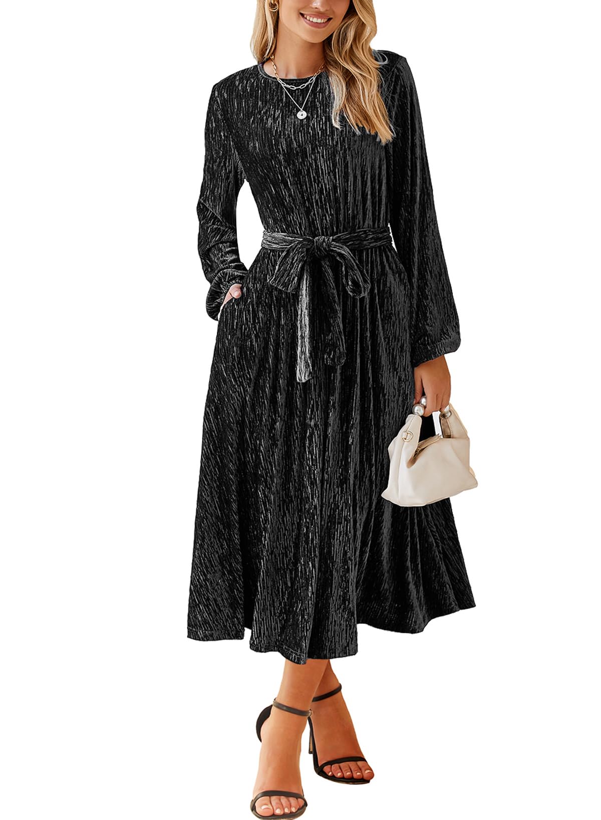 Elegant Women's Velvet A-Line Dress with Lantern Sleeves - High Waist Formal Party Gown for Spring Occasions | Perfect for Weddings, Cocktail Parties & Evening Events