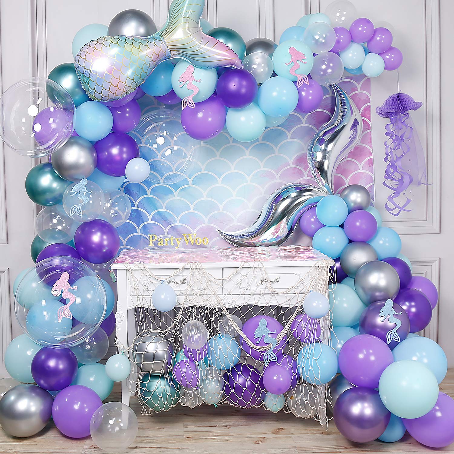 PartyWoo Mermaid Balloons Garland Kit - 180pcs Mermaid Theme Party Decorations with Mermaid Tail Balloons, Stickers, Paper Jellyfish & Giant Bobo Balloons in Green, Silver, Purple Metallic & Blue Mint Colors - Perfect for Mermaid Birthday Parties, Baby Showers & Ocean-Themed Events