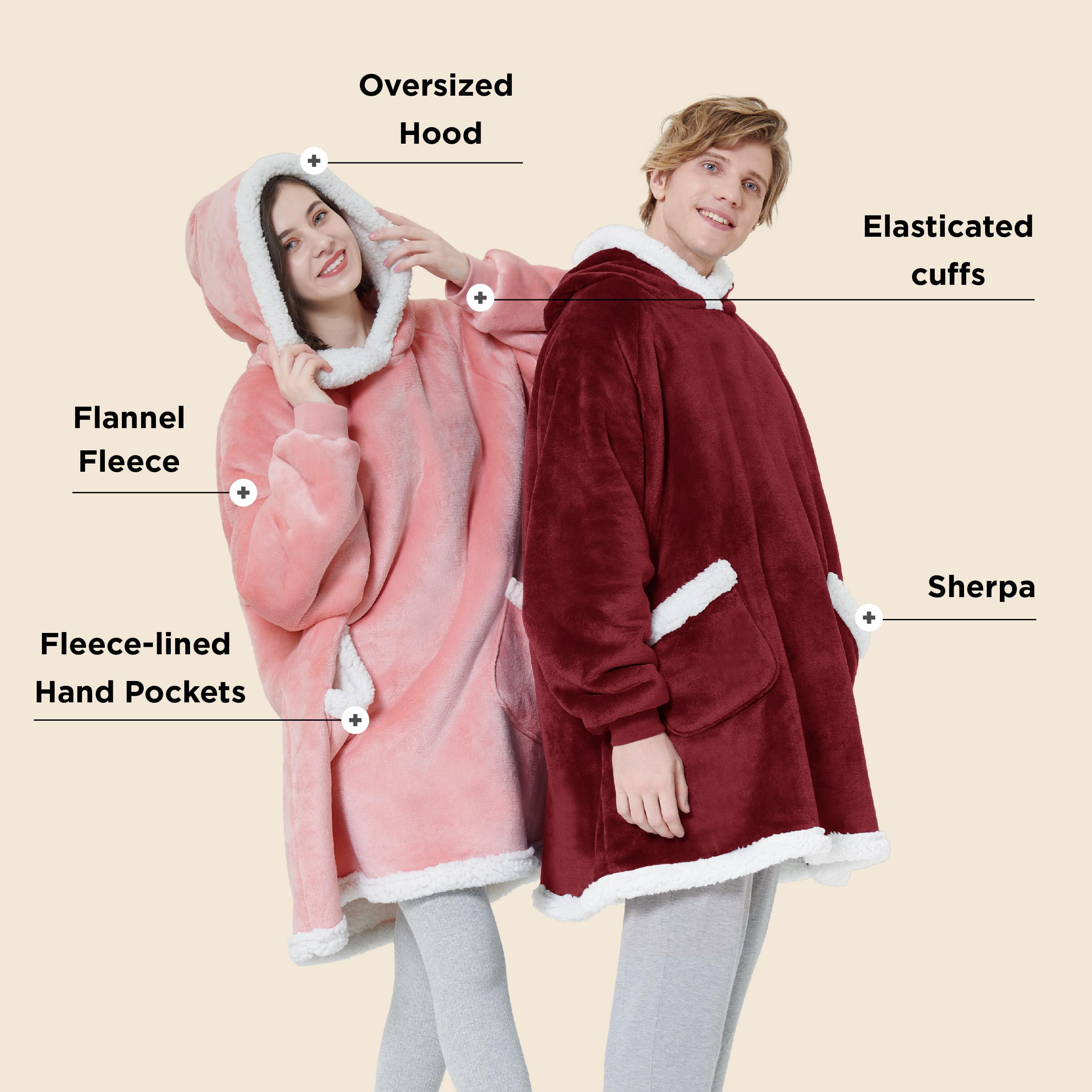 Bedsure Wearable Blanket Hoodie for Adults & Kids - Oversize Burgundy Cozy Gift for Women, Men, Mom on Mother's Day, Birthday - Perfect for Lounging, Movie Nights & Camping