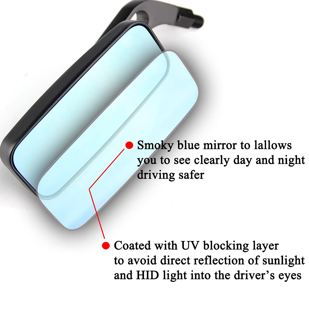 Universal 8mm/10mm Rectangle Black Smoke Blue Glass Motorcycle Mirrors - Fit for Scooter, Bobber, Cruiser, Chopper, Road Bike & Moped - Enhanced Rear View Safety for Touring & City Riding
