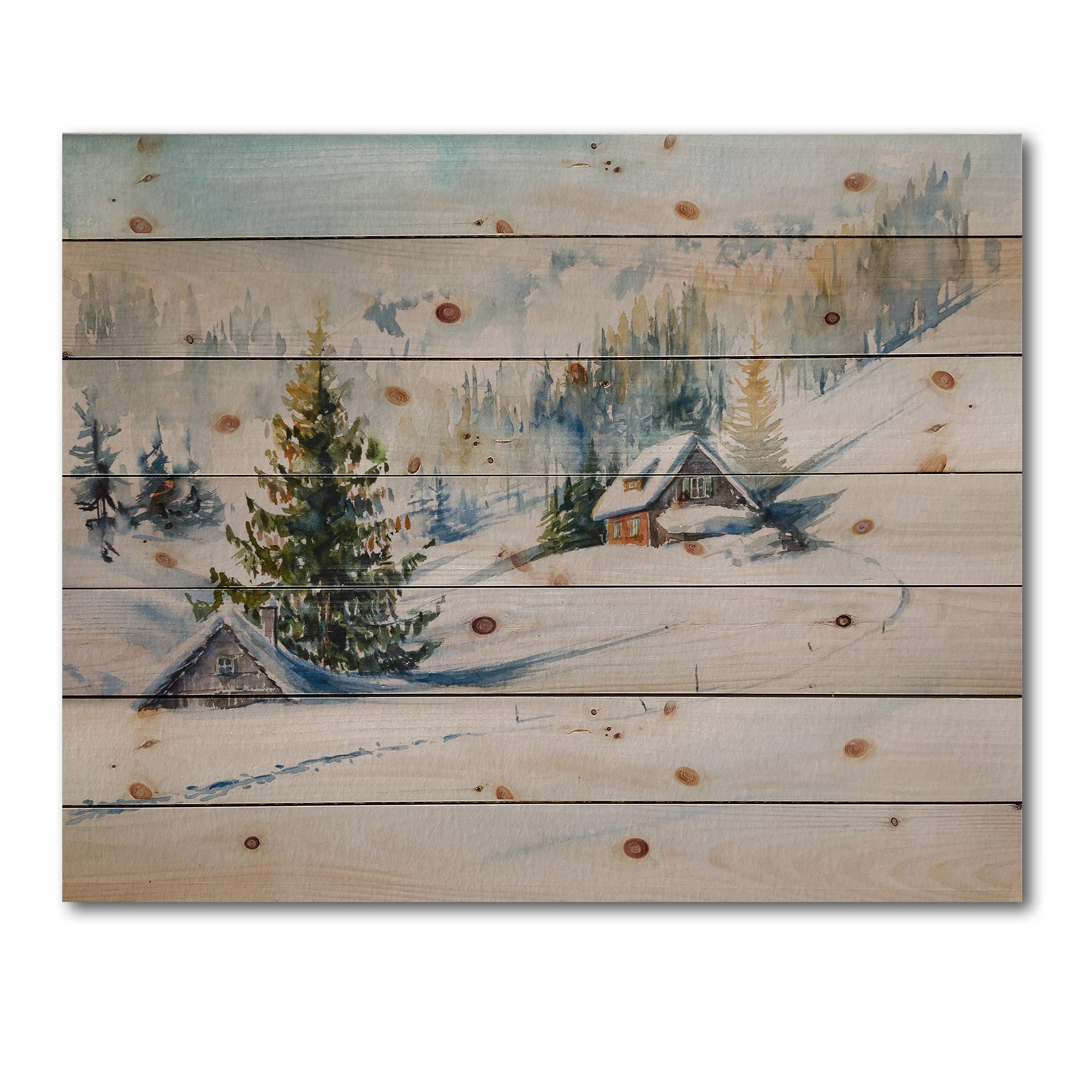 DesignQ Little House In The Winter Mountains - Traditional Winter Landscape Print on Natural Pine Wood Wall Art | Rustic Cabin Decor for Living Room, Bedroom & Office