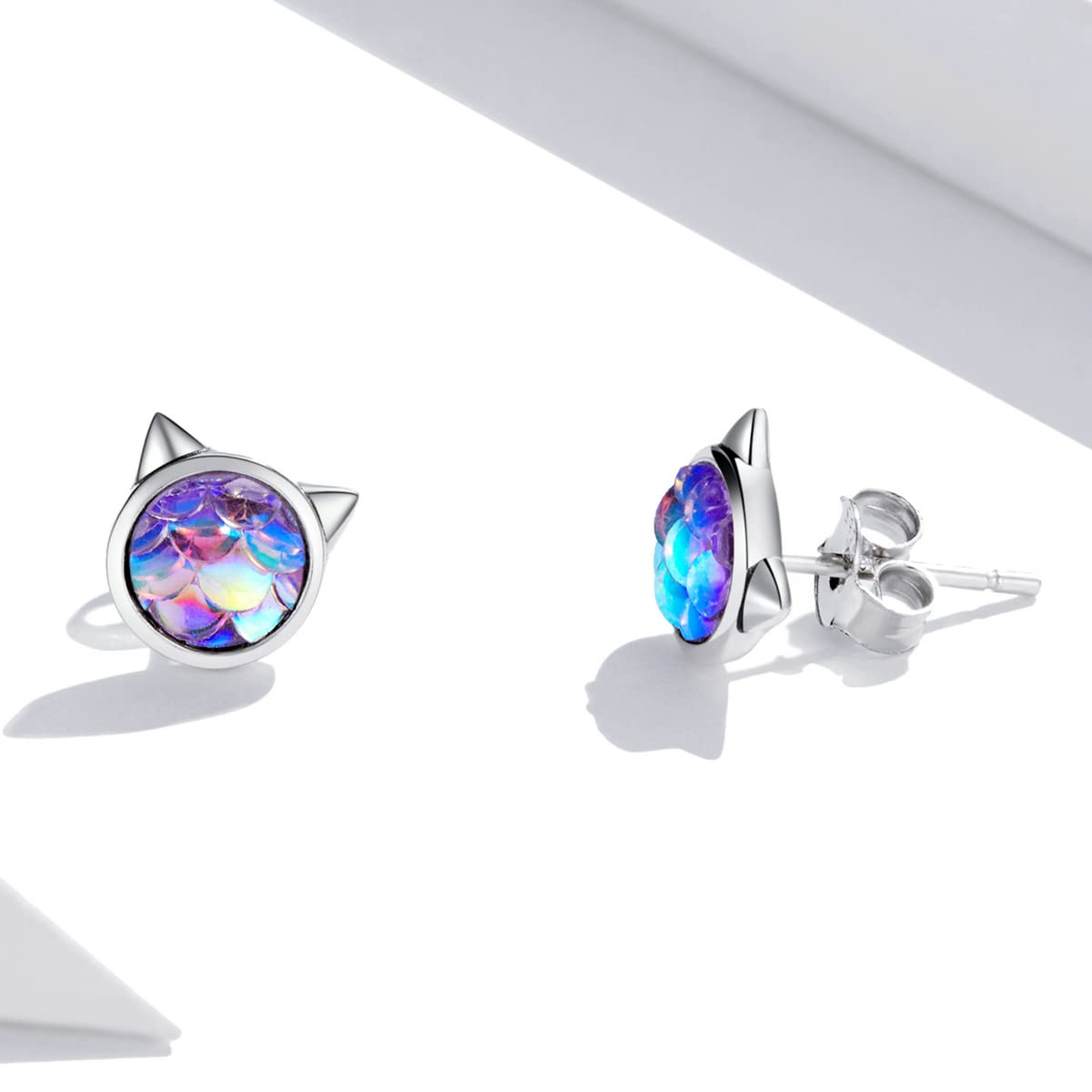Fish Scale Cat Ear Sterling Silver Stud Earrings for Women - Hypoallergenic Pet Lover Jewelry - Perfect for Casual Wear, Parties & Gifts
