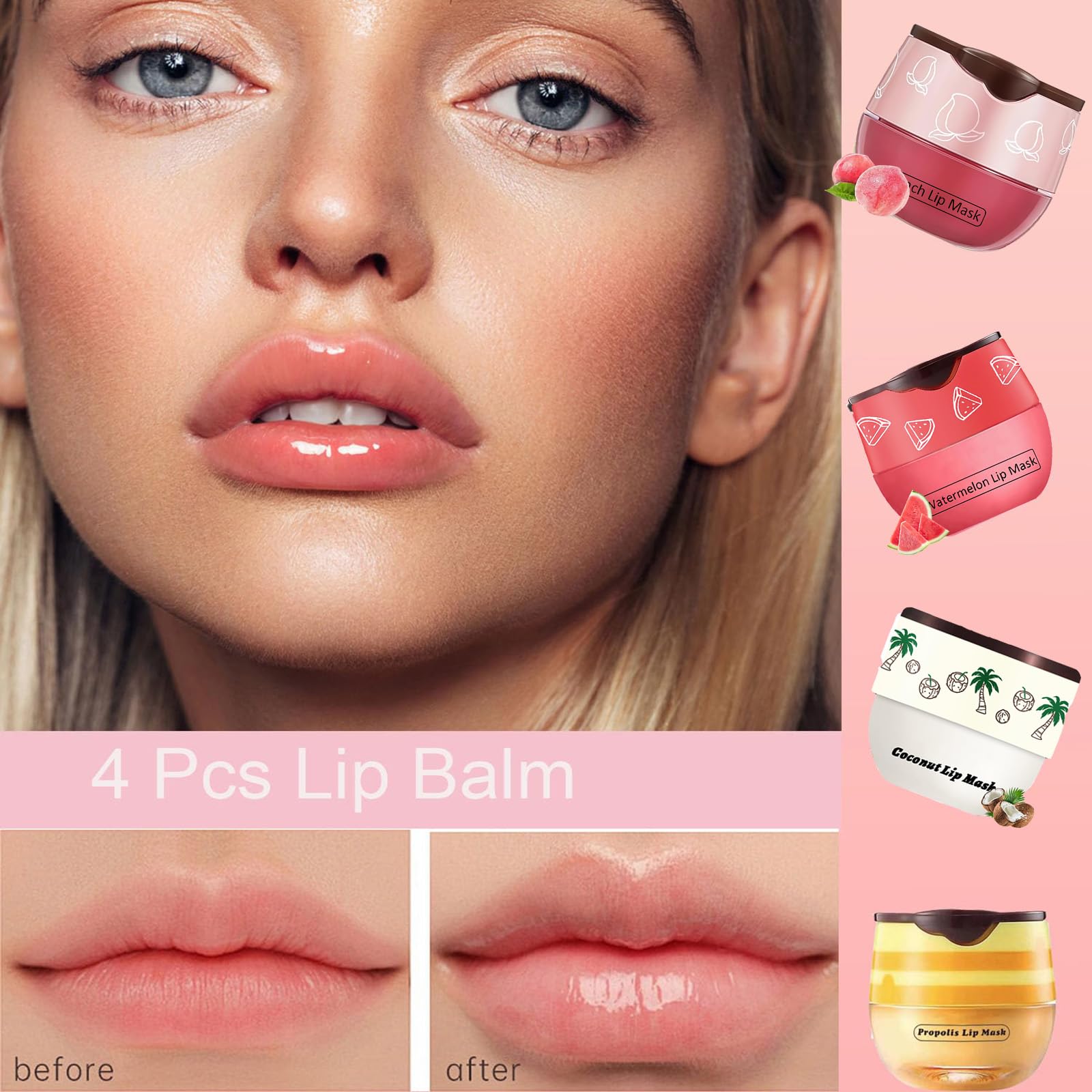 4 PCS Honey Bee Lip Balm Set - Coconut, Watermelon & Peach Flavored Lip Care with Sticks, Overnight Sleeping Lip Mask for Dry & Cracked Lips - Perfect for Daily Moisturizing, Nighttime Repair & Travel Use