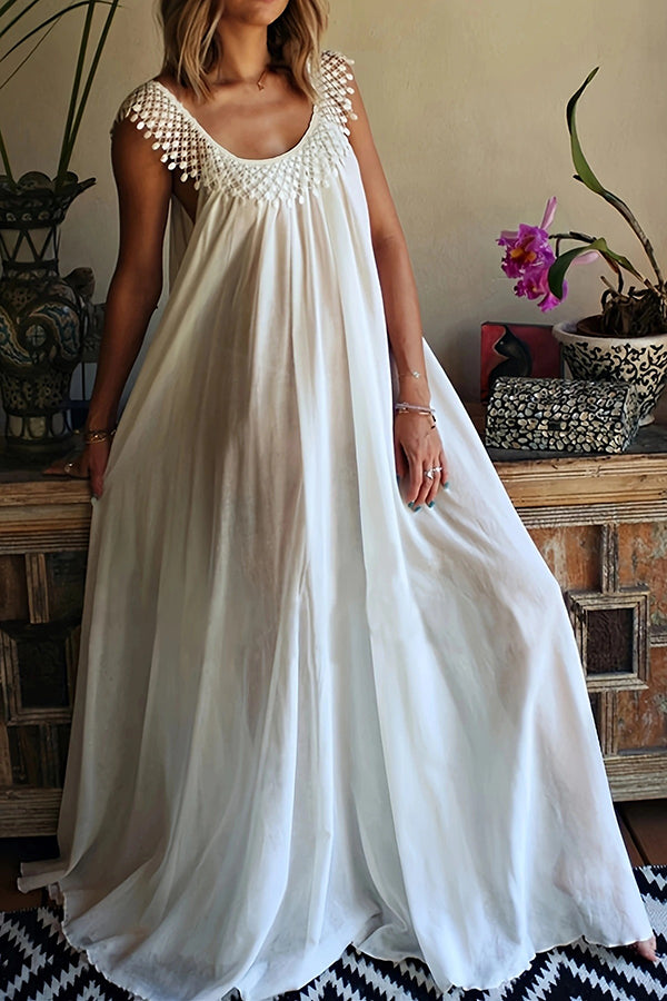 Elegant Solid Color Tassel Round Neck Loose Maxi Dress for Women | Summer Beach Wedding Party Wear | Flowy Boho Chic Stitching Dress