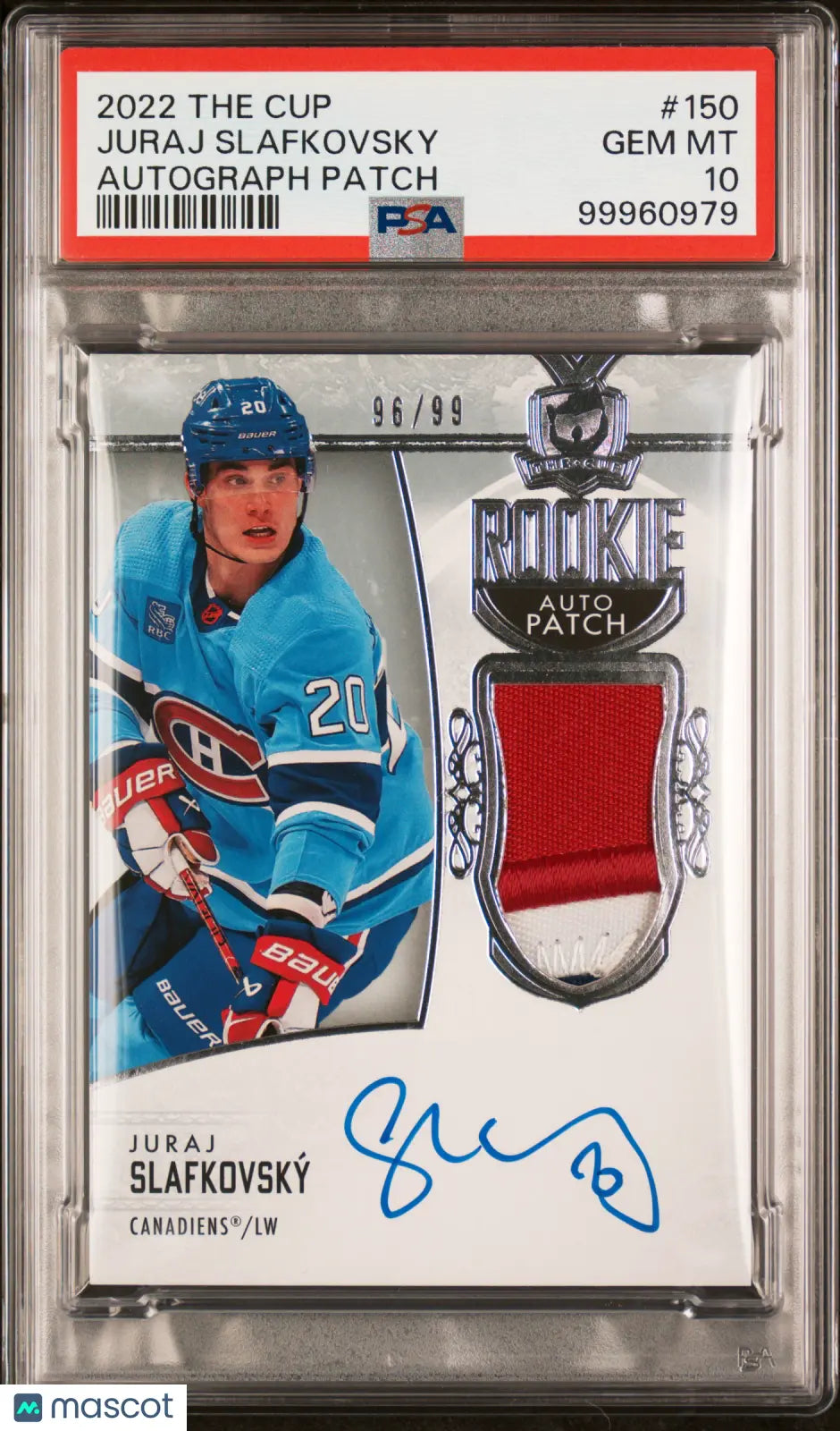 2022-23 Upper Deck The Cup Juraj Slafkovsky Rookie Patch Auto PSA 10 96/99 - Hockey Collectible for NHL Fans & Sports Memorabilia Enthusiasts