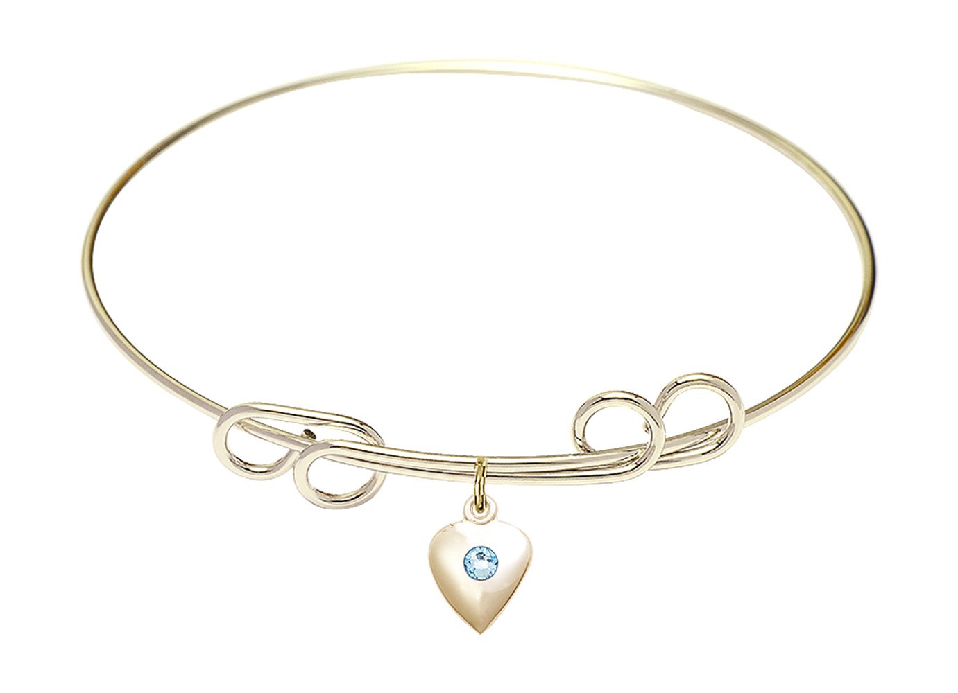 8 Inch Round Double Loop Bangle Bracelet with Heart Medal Charm & March Birthstone Blue Crystal - Perfect for Birthdays, Anniversaries, and Everyday Elegance