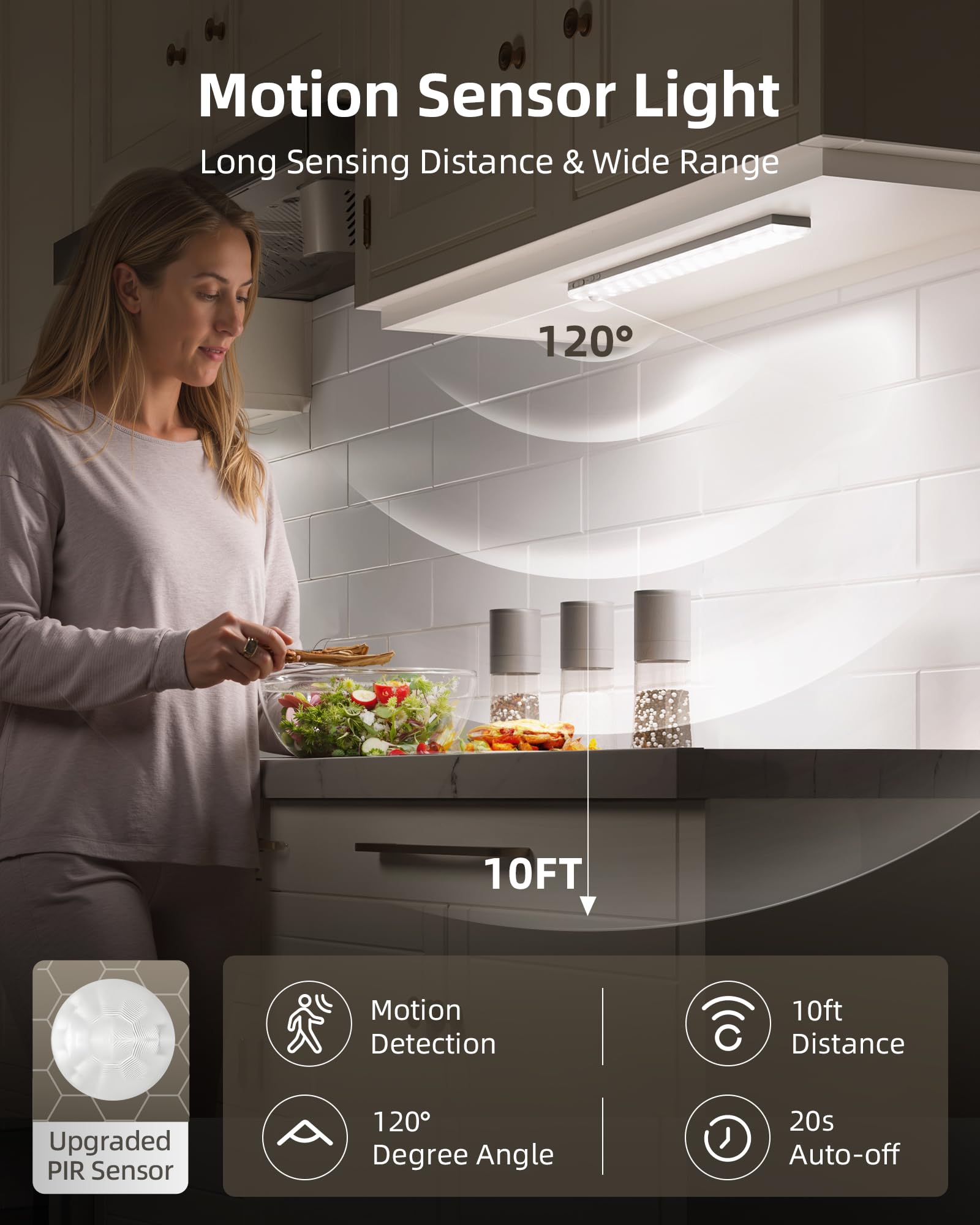EZVALO 6-Pack Rechargeable Under Cabinet LED Lights with Motion Sensor - 3 Color Temperatures, Dimmable 62 LEDs, Wireless Remote Control - Perfect for Kitchen, Pantry, Closet, and Cabinet Lighting