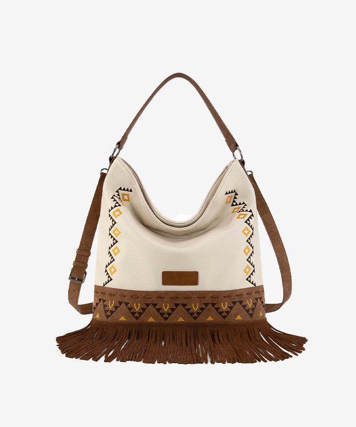 Wrangler Aztec Embroidered Fringe Shoulder Bag for Women - Boho Crossbody Purse with Tribal Pattern - Perfect for Music Festivals, Travel & Everyday Use