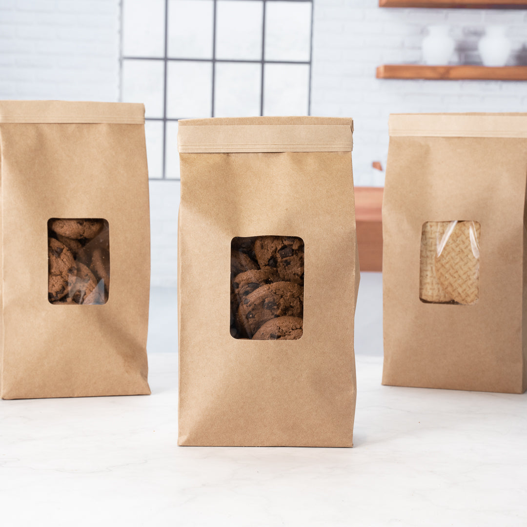 Premium Kraft Paper Bakery Bags with Window & Tin Tie Closure - 4.75