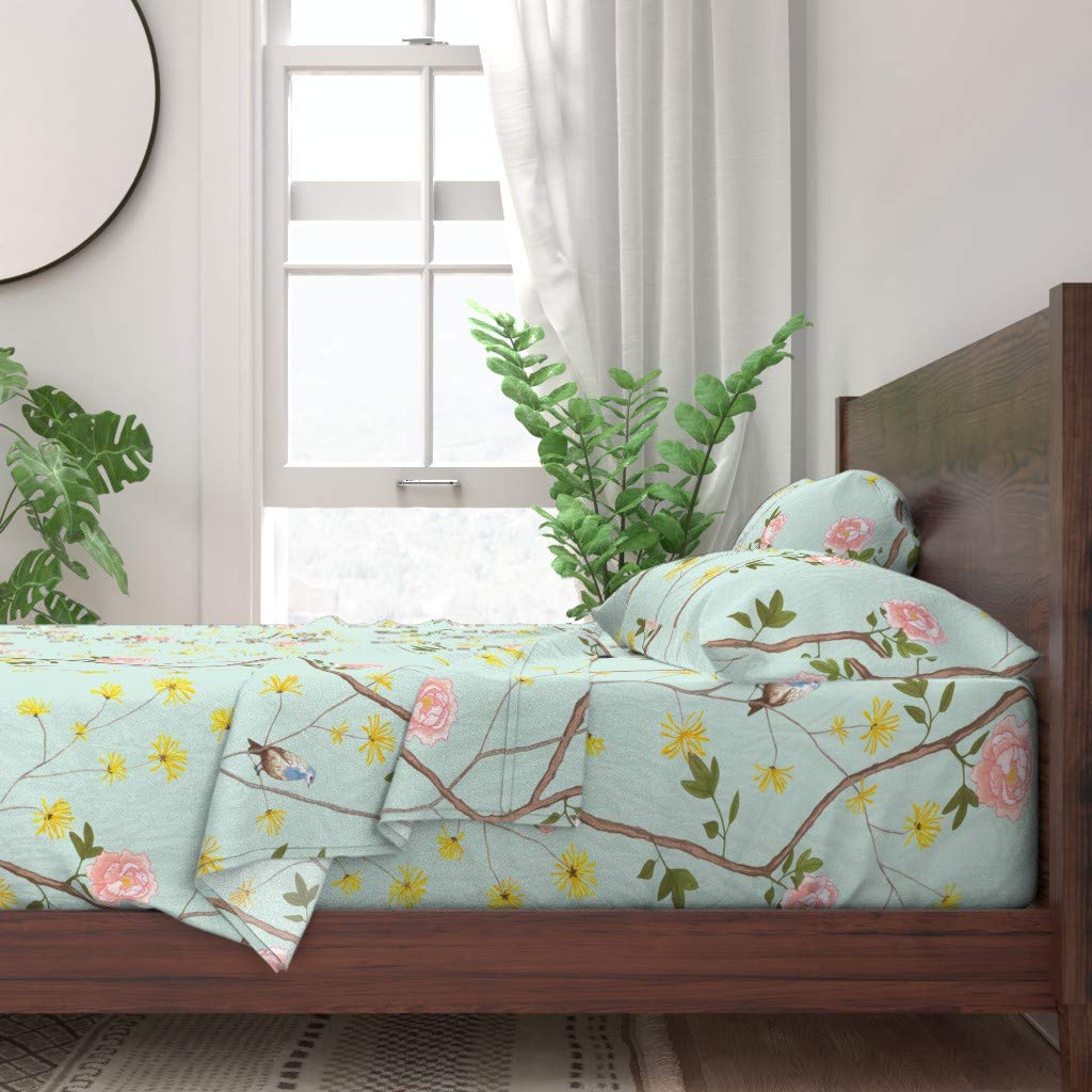 100% Cotton Twin Sheet Set 3pc - Peony Mint Chinoiserie Vintage Floral Print with Birds & Butterflies | Botanical Bedding for Master Bedroom & Guest Room