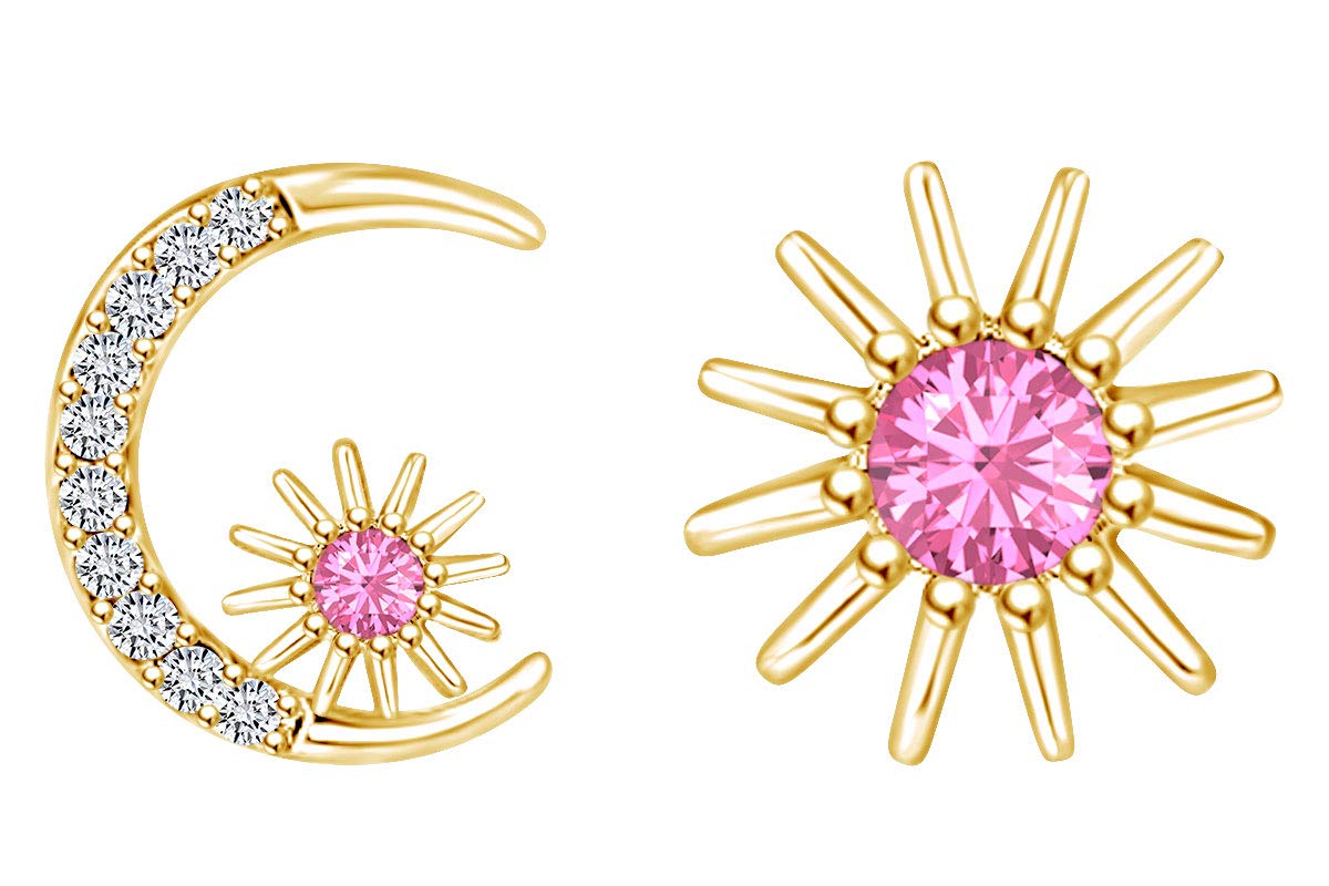 14K Yellow Gold Over Sterling Silver Simulated Birthstone Sun Moon Star Stud Earrings for Women - Perfect for Birthdays, Anniversaries & Everyday Elegance