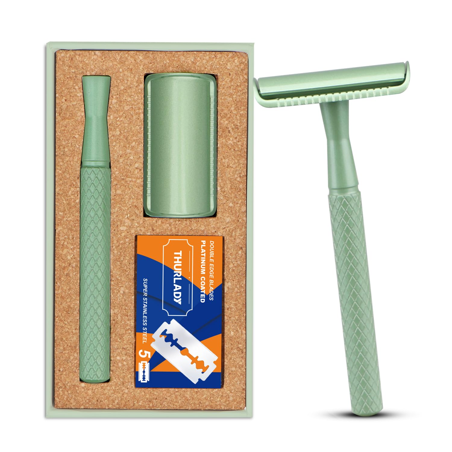 Eco-Friendly Forest Green Safety Razor for Women - Reusable Metal Razor with 5 Double Edge Blades - Smooth Shaving for Sensitive Skin - Perfect for Legs, Underarms & Bikini Area Shaving at Home or Travel