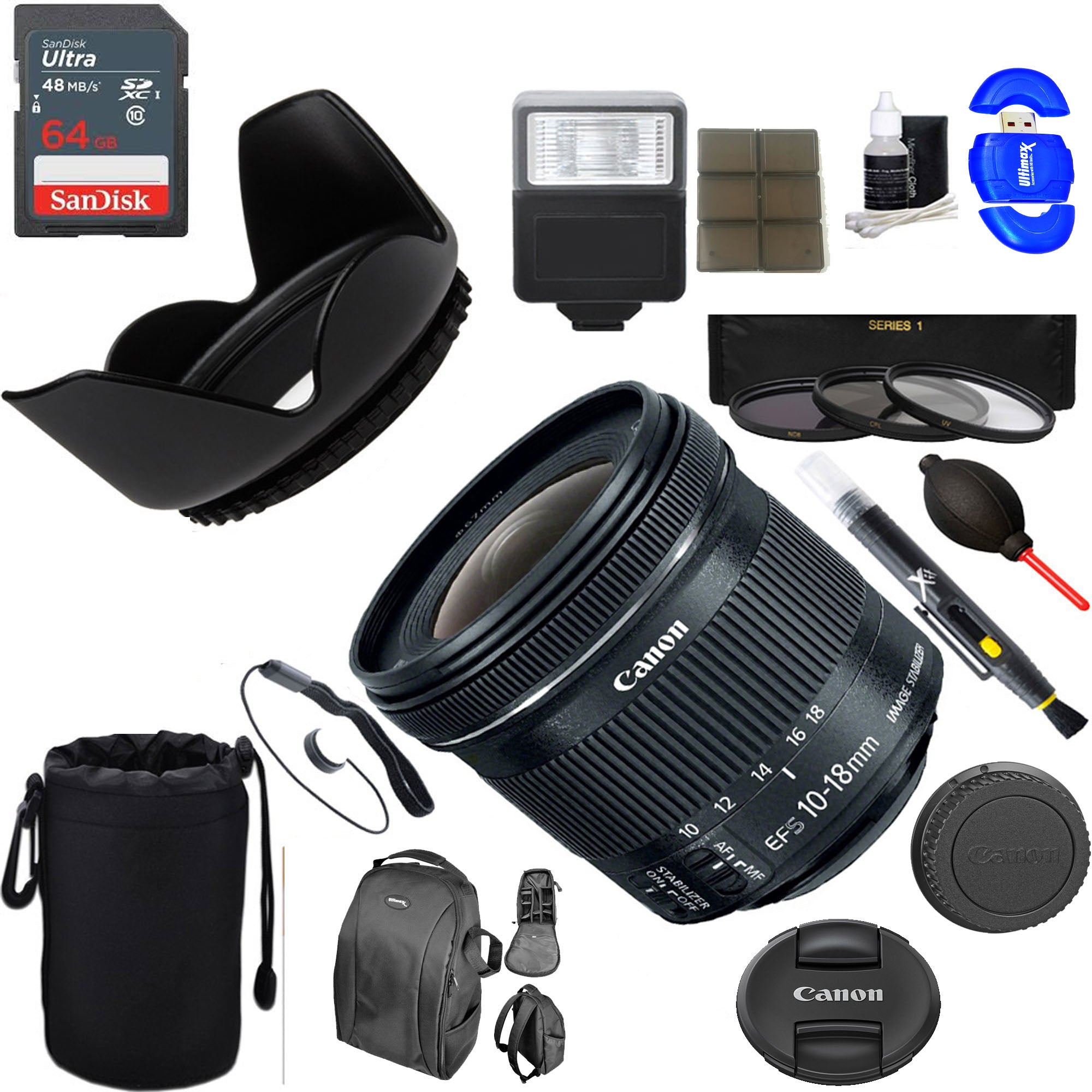 Canon EF-S 10-18mm f/4.5-5.6 IS STM Wide Angle Lens with 64GB Memory Card, UV Filter & Flash Kit - Perfect for Landscape, Architecture & Travel Photography