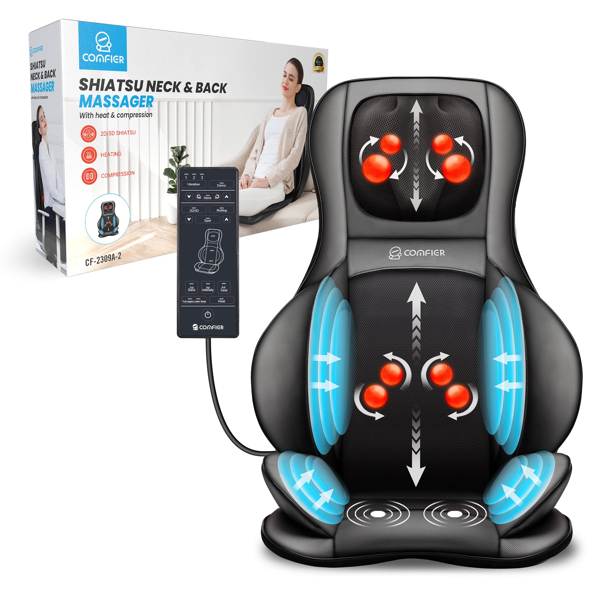 COMFIER Shiatsu Massage Chair Pad with Heat - 2D/3D Kneading & Compression Full Body Massager for Back, Shoulder, Thighs - Perfect Gift for Mom & Dad (Black) - Relieve Stress at Home or Office